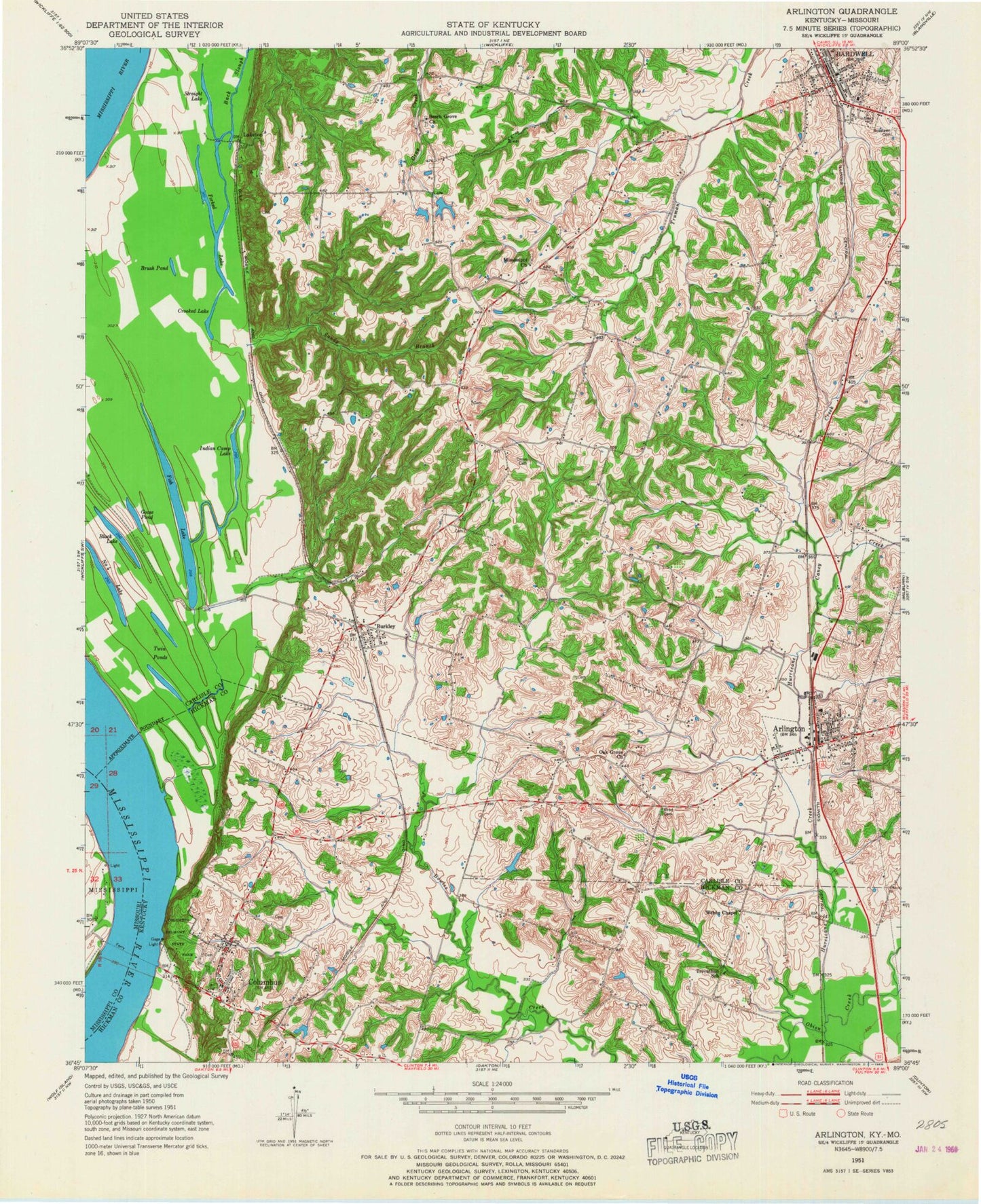 Classic USGS Arlington Kentucky 7.5'x7.5' Topo Map Image