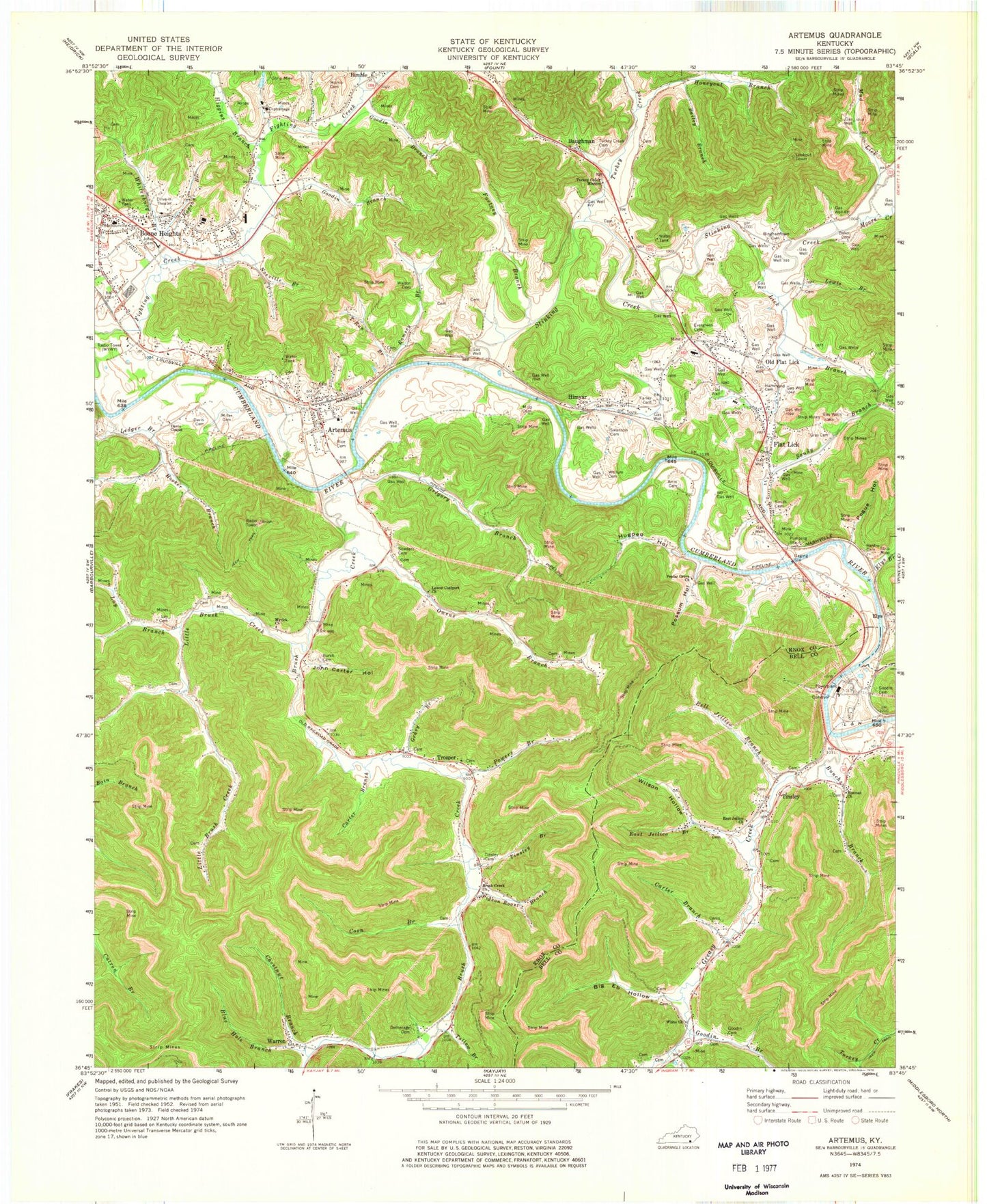 Classic USGS Artemus Kentucky 7.5'x7.5' Topo Map Image
