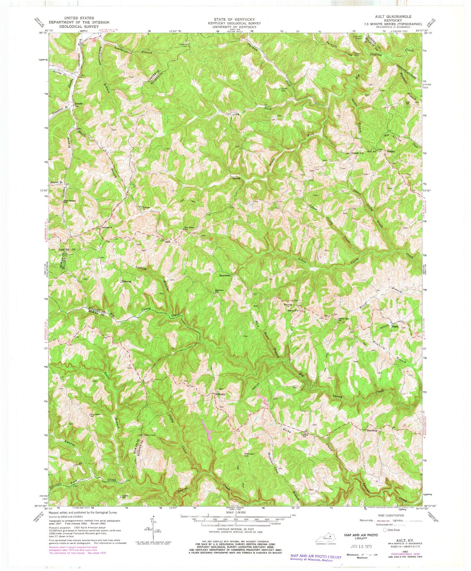 Classic USGS Ault Kentucky 7.5'x7.5' Topo Map Image