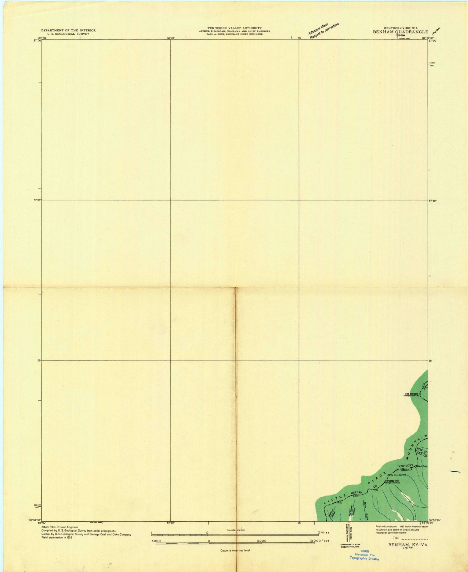 Classic USGS Benham Kentucky 7.5'x7.5' Topo Map Image