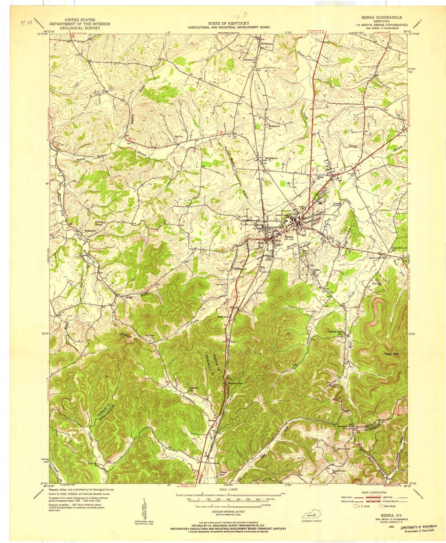 Classic USGS Berea Kentucky 7.5'x7.5' Topo Map Image