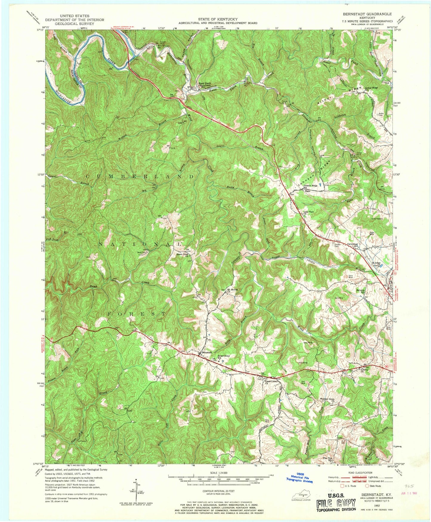 Classic USGS Bernstadt Kentucky 7.5'x7.5' Topo Map Image