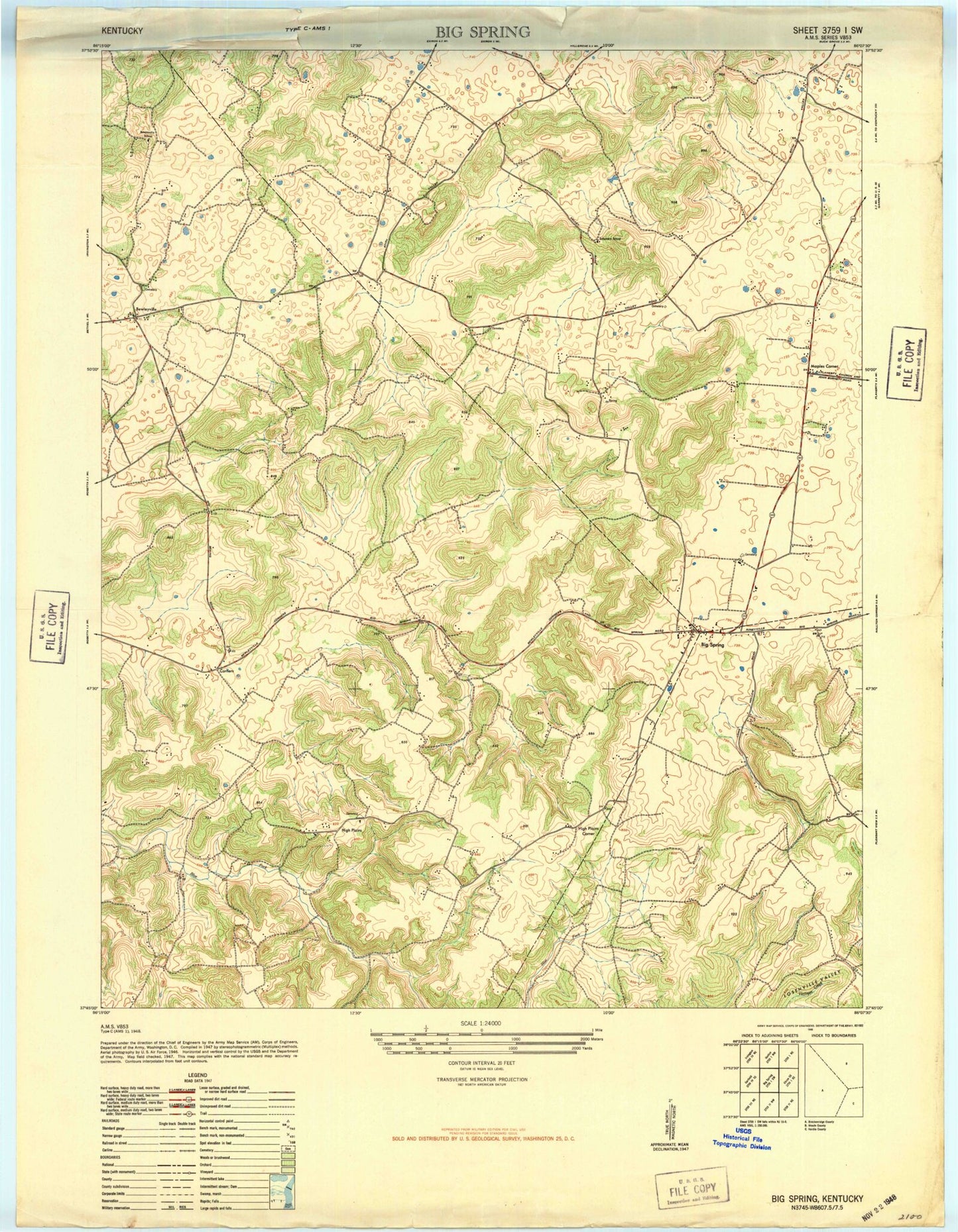Classic USGS Big Spring Kentucky 7.5'x7.5' Topo Map Image