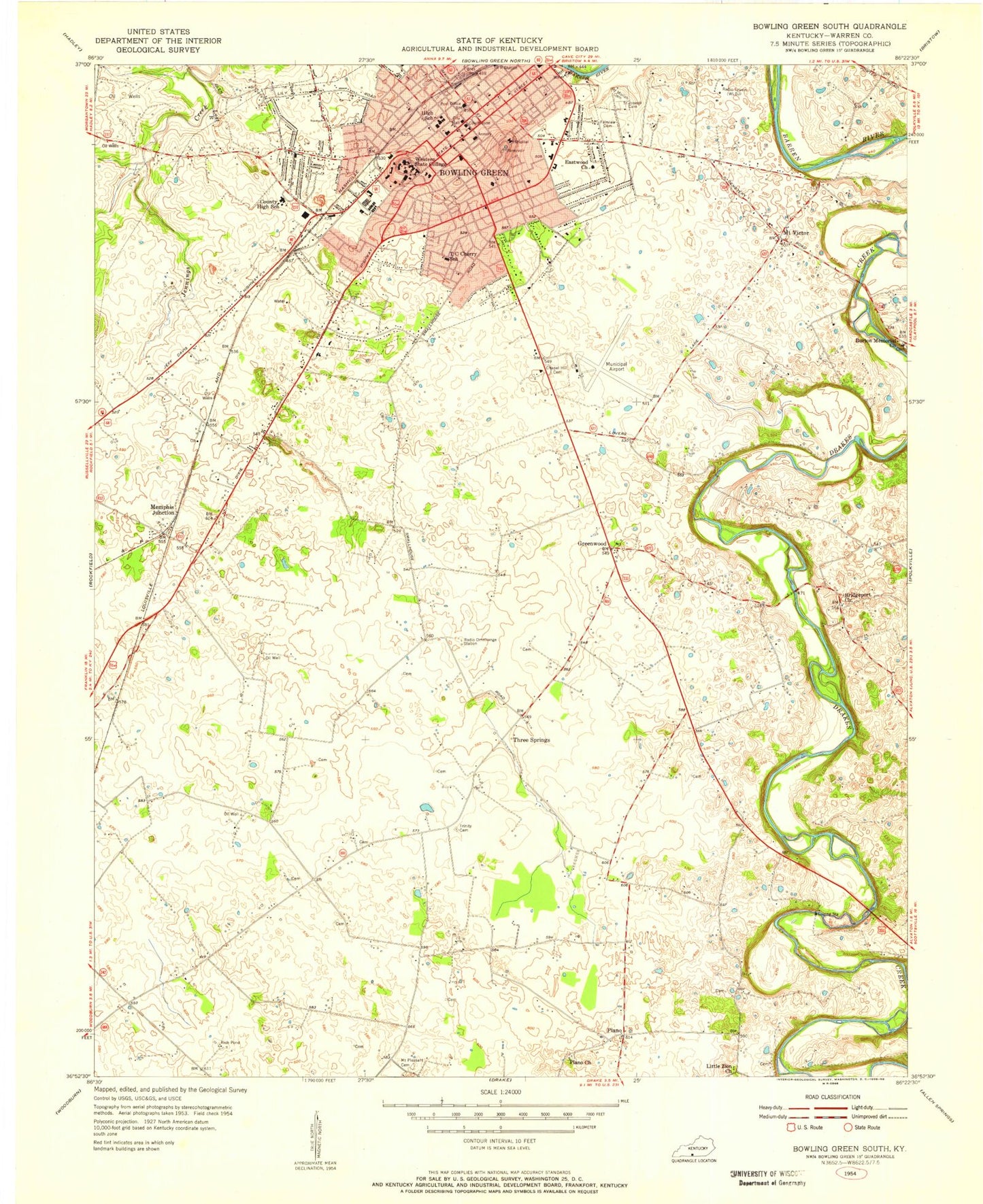 Classic USGS Bowling Green South Kentucky 7.5'x7.5' Topo Map Image