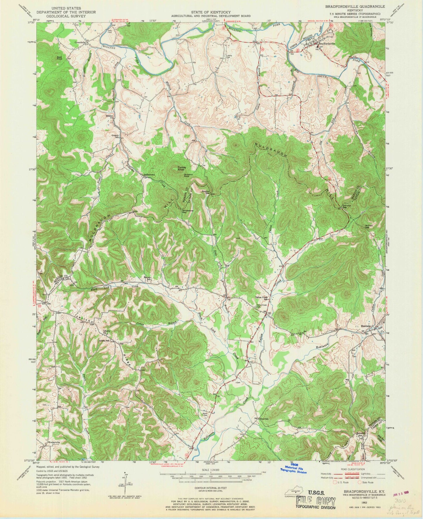 Classic USGS Bradfordsville Kentucky 7.5'x7.5' Topo Map Image
