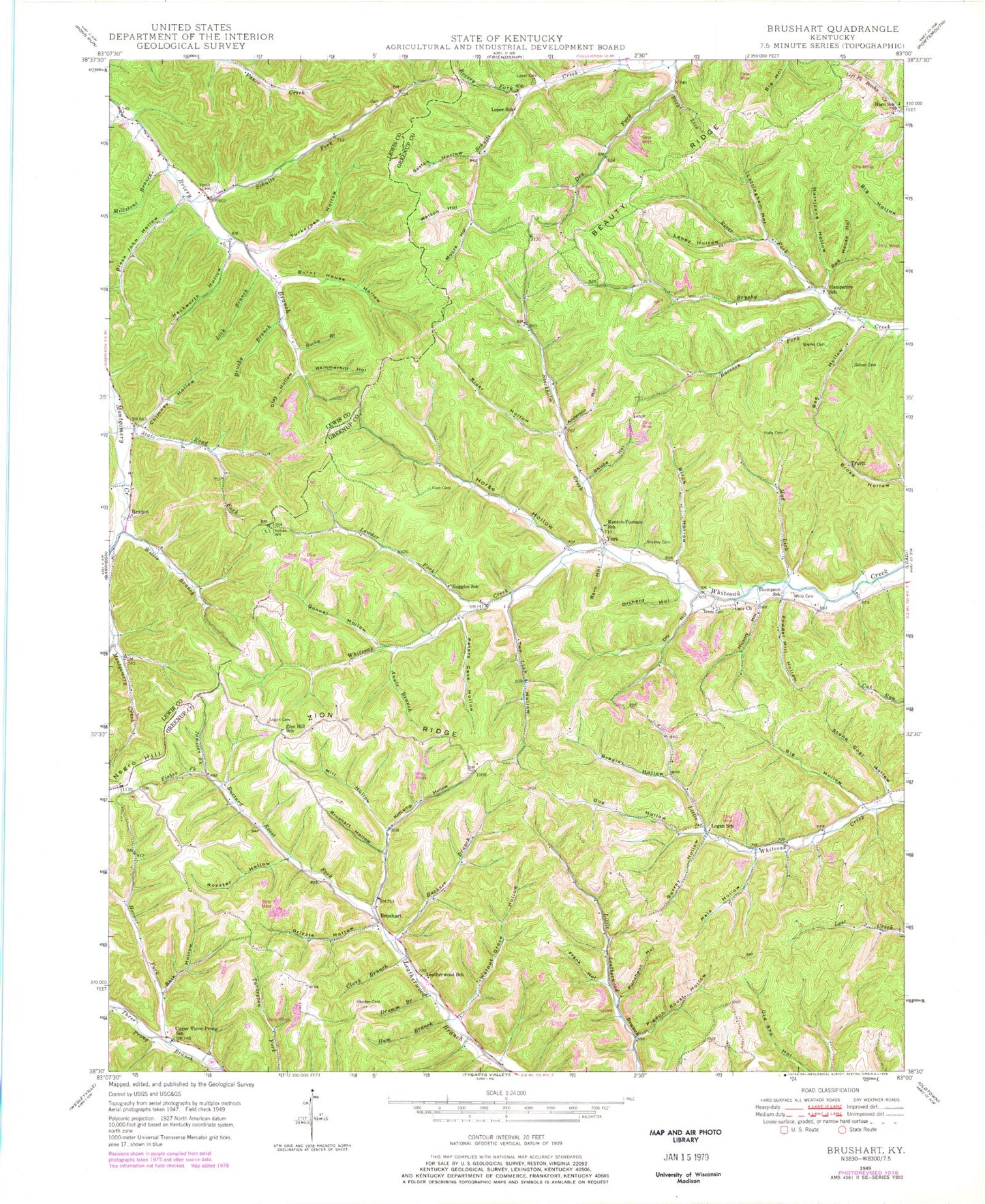 Classic USGS Brushart Kentucky 7.5'x7.5' Topo Map Image