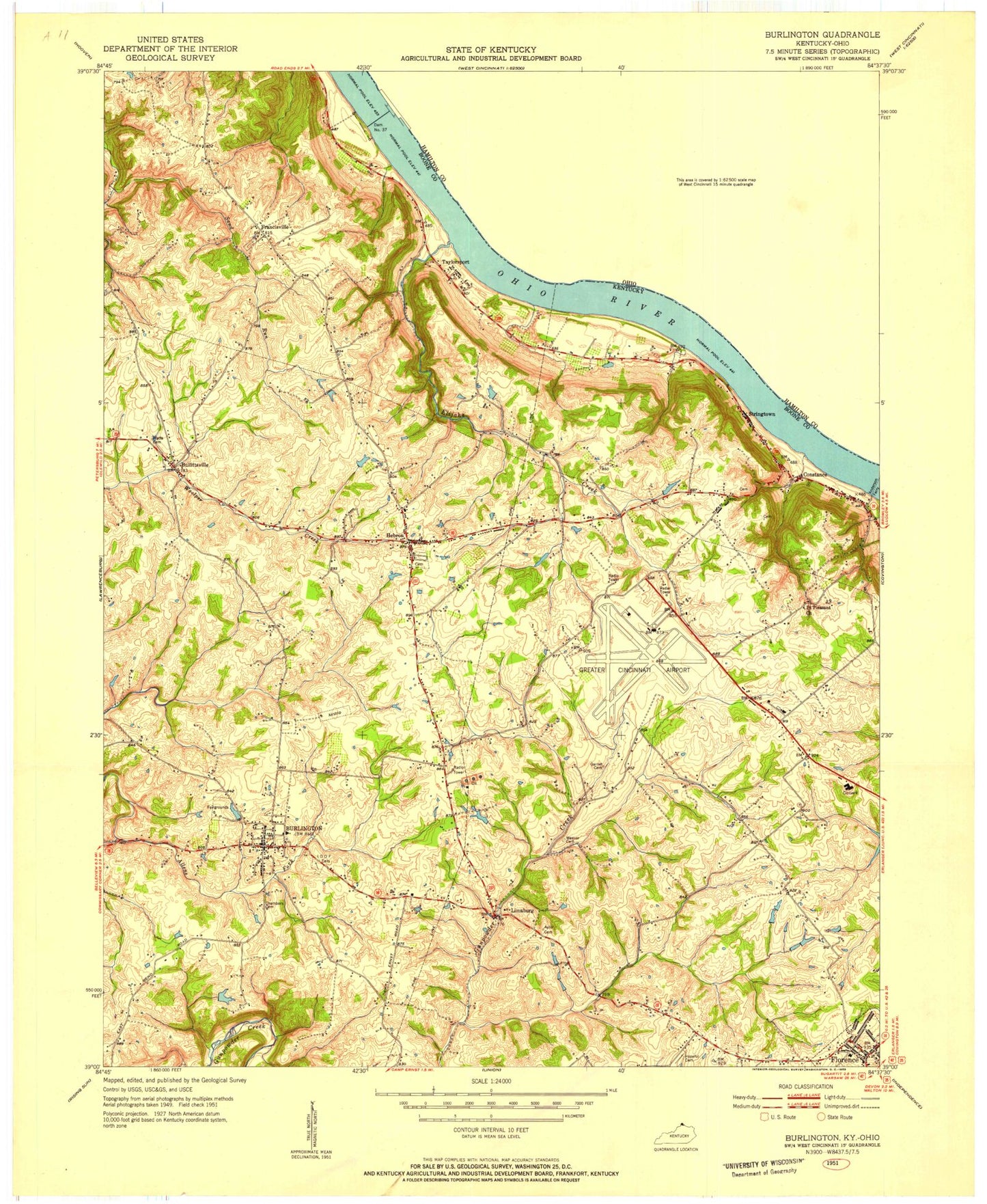 Classic USGS Burlington Kentucky 7.5'x7.5' Topo Map Image