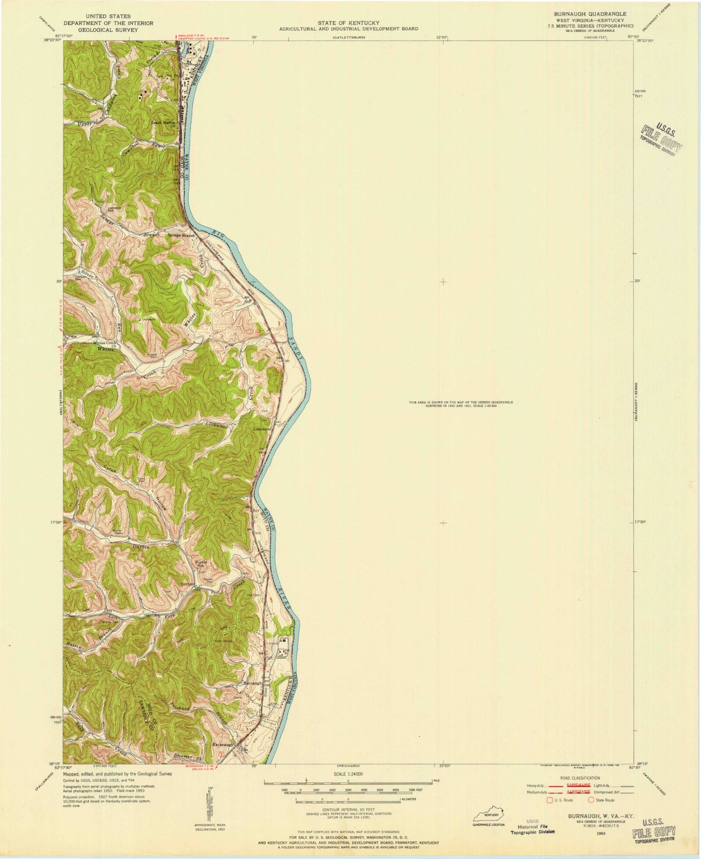 Classic USGS Burnaugh Kentucky 7.5'x7.5' Topo Map Image