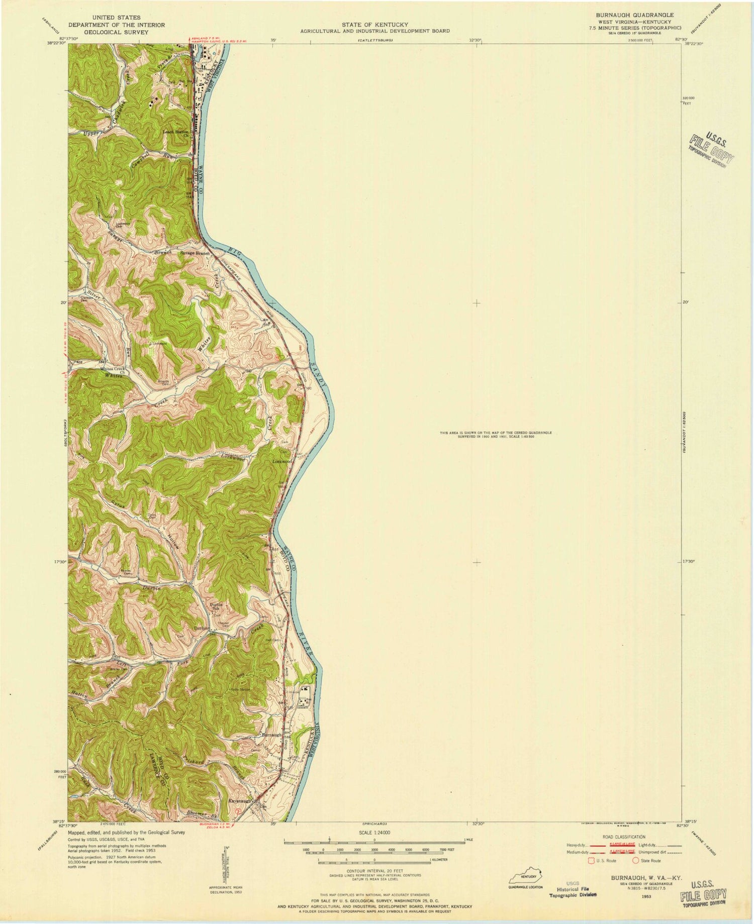 Classic USGS Burnaugh Kentucky 7.5'x7.5' Topo Map Image