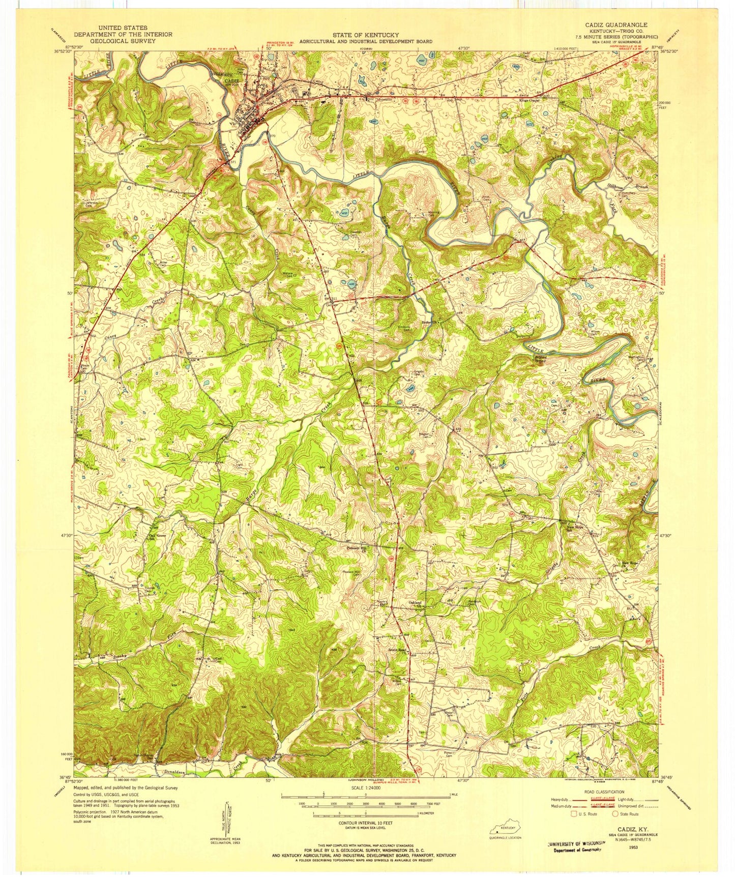 Classic USGS Cadiz Kentucky 7.5'x7.5' Topo Map Image