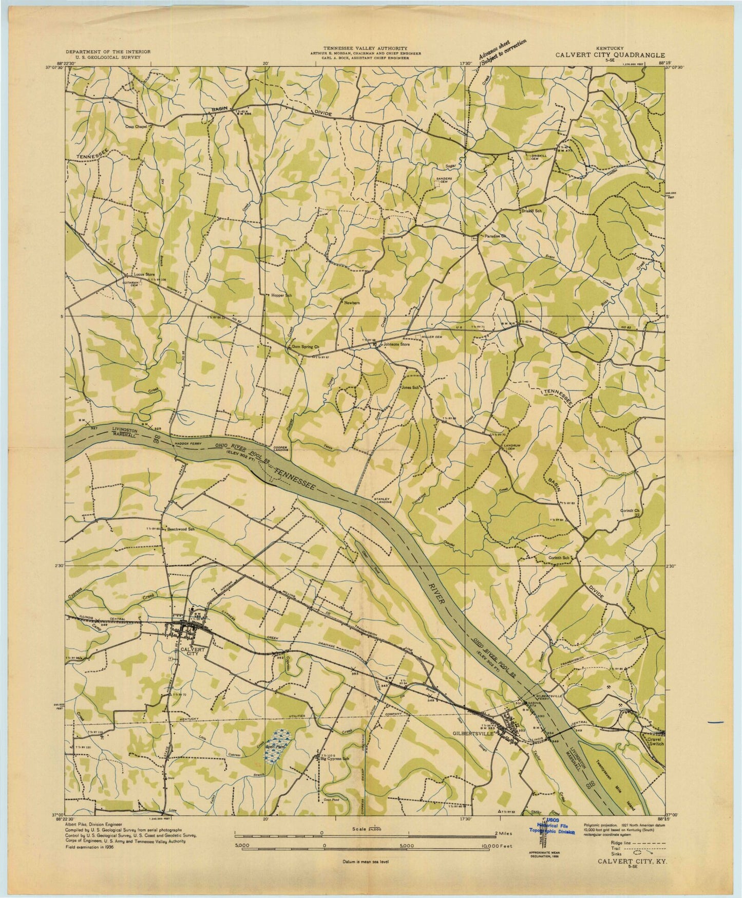 Classic USGS Calvert City Kentucky 7.5'x7.5' Topo Map Image