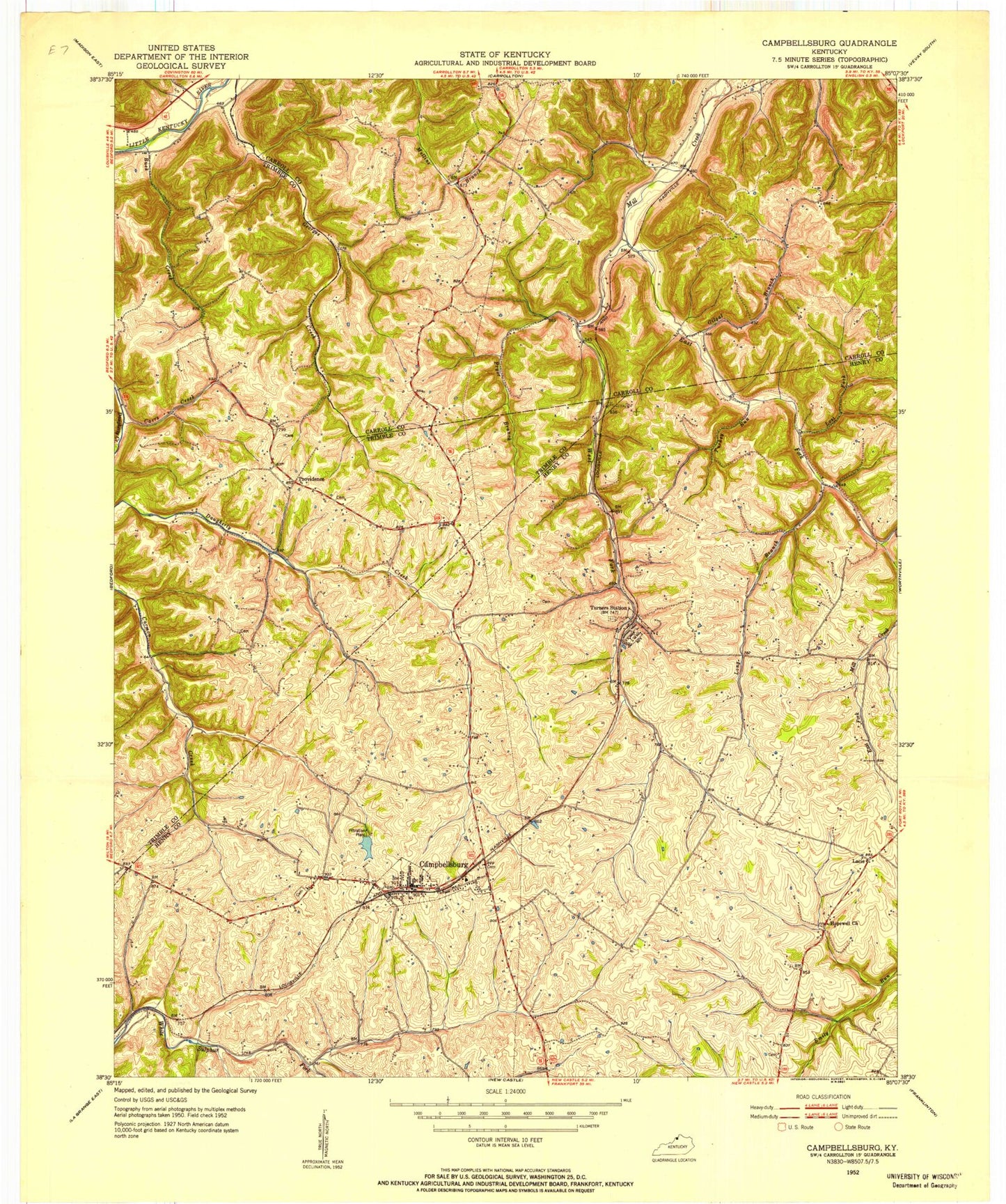 Classic USGS Campbellsburg Kentucky 7.5'x7.5' Topo Map Image
