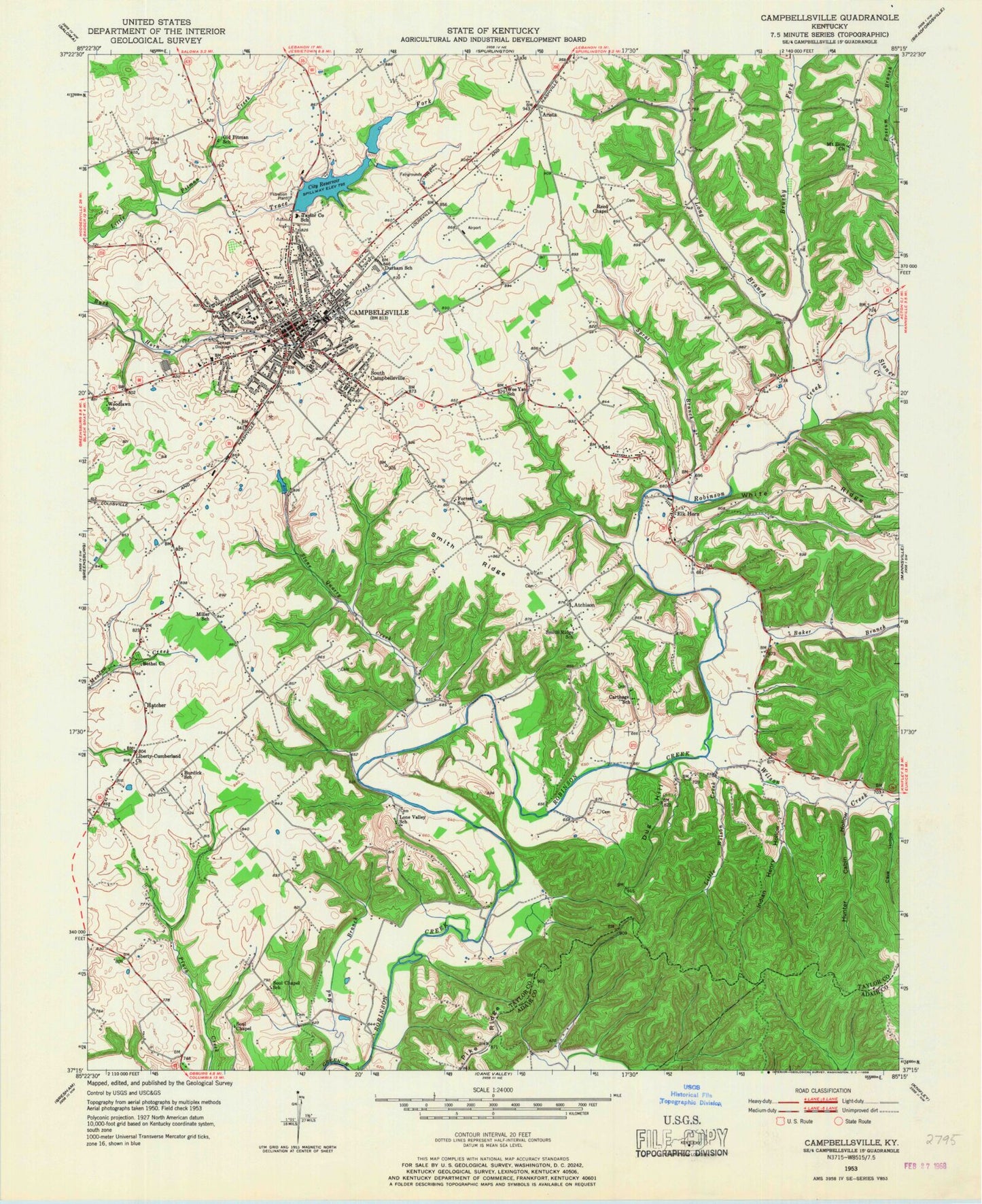 Classic USGS Campbellsville Kentucky 7.5'x7.5' Topo Map Image
