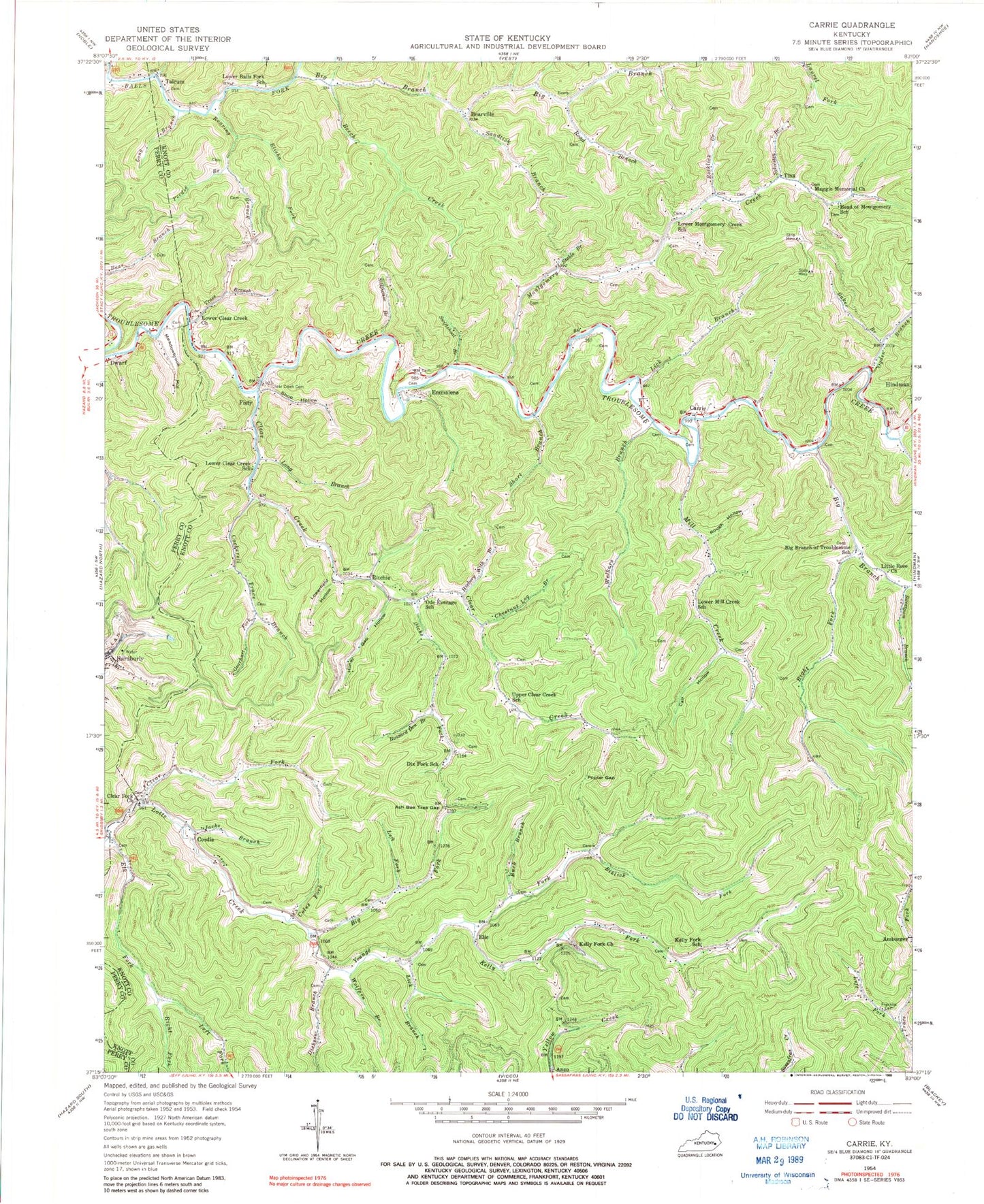Classic USGS Carrie Kentucky 7.5'x7.5' Topo Map Image