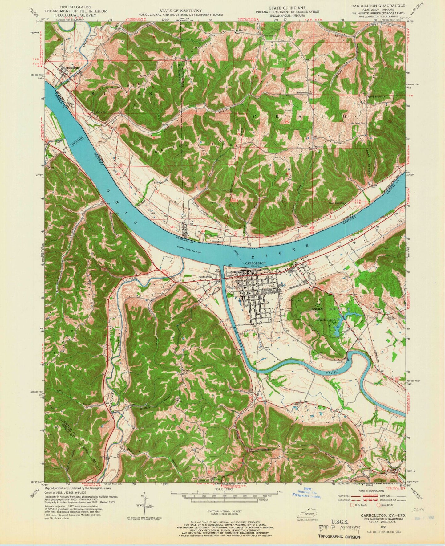 Classic USGS Carrollton Kentucky 7.5'x7.5' Topo Map Image