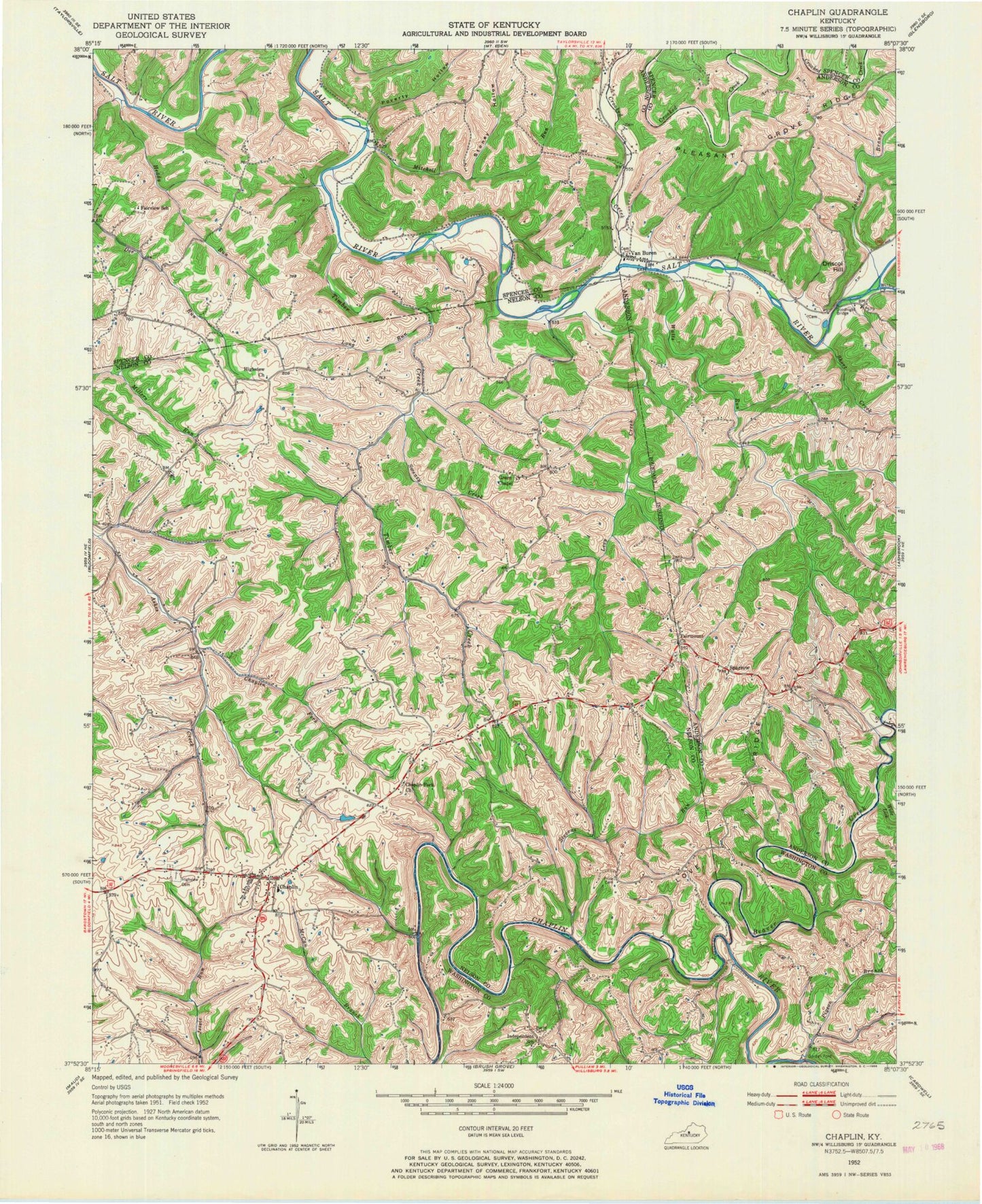 Classic USGS Chaplin Kentucky 7.5'x7.5' Topo Map Image