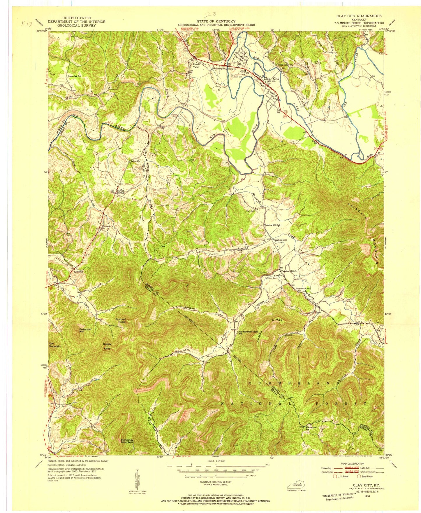 Classic USGS Clay City Kentucky 7.5'x7.5' Topo Map Image