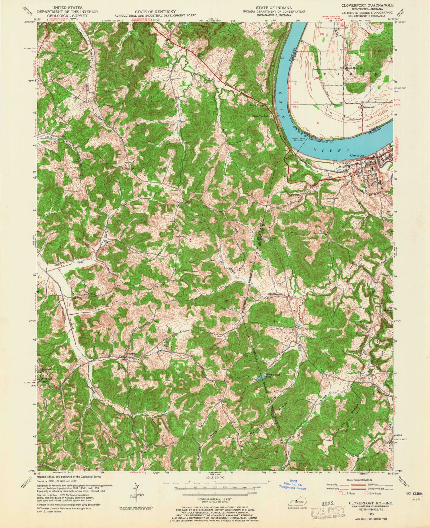 Classic USGS Cloverport Kentucky 7.5'x7.5' Topo Map Image
