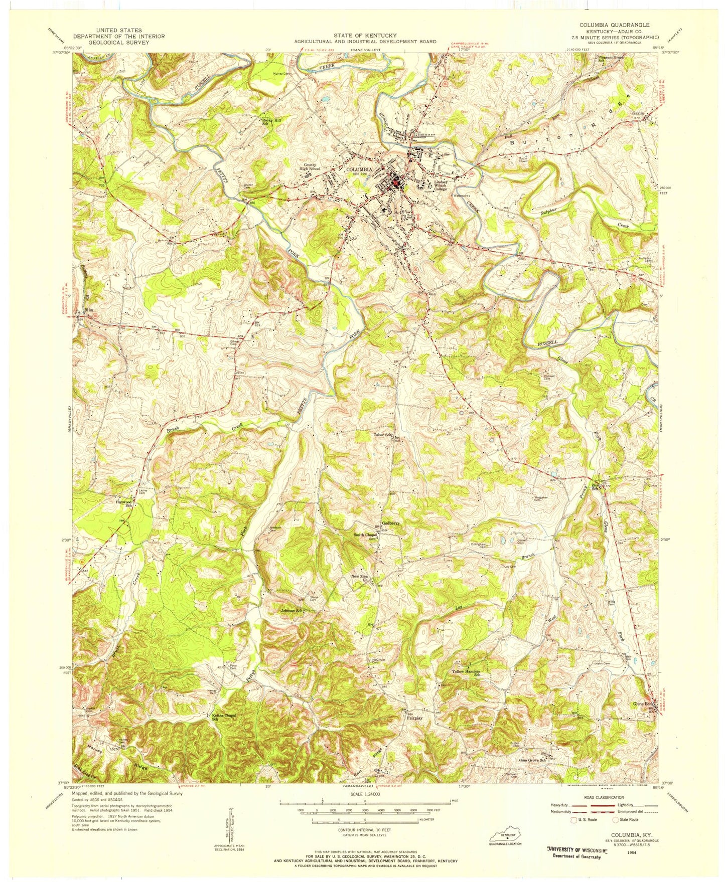 Classic USGS Columbia Kentucky 7.5'x7.5' Topo Map Image