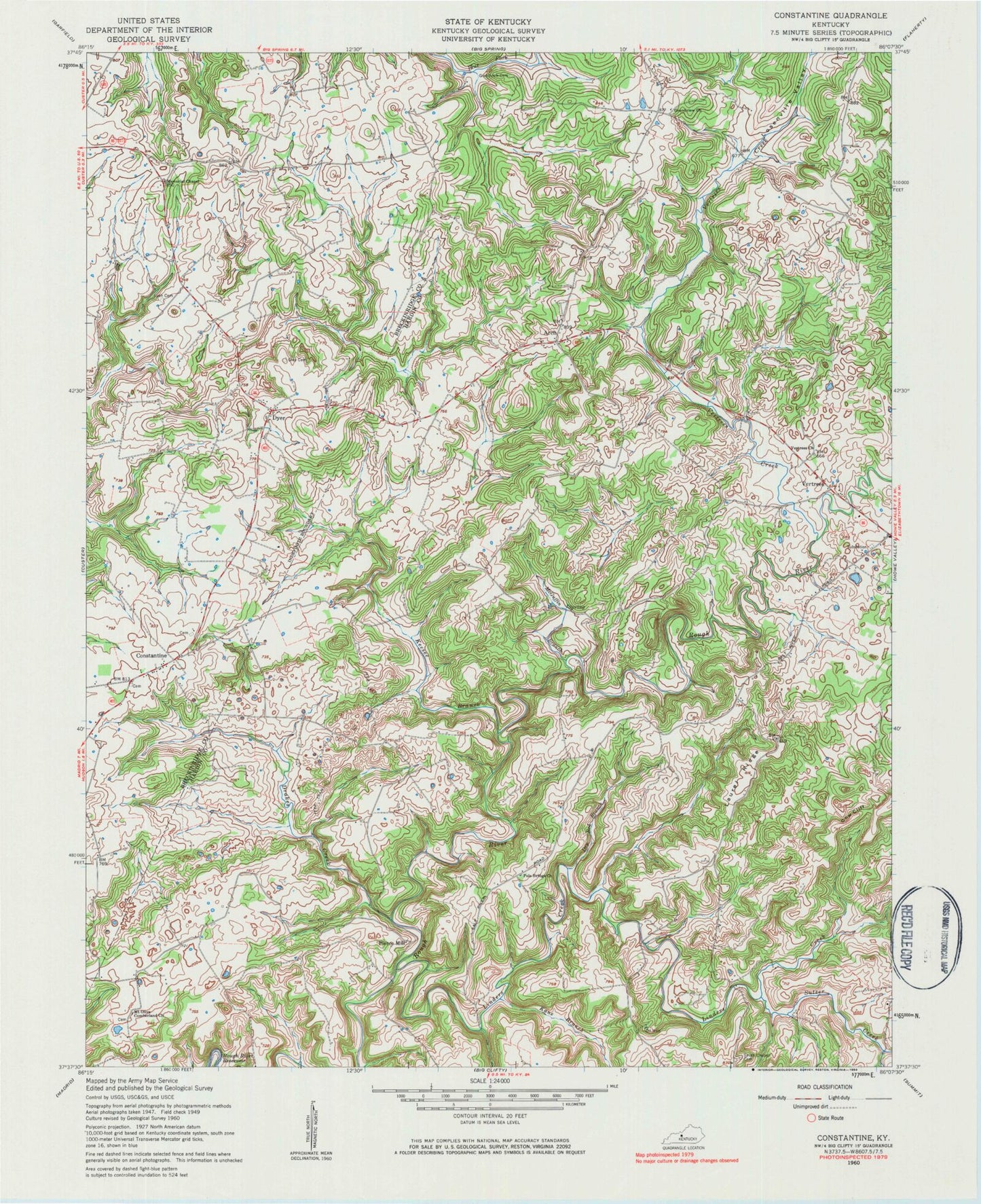 Classic USGS Constantine Kentucky 7.5'x7.5' Topo Map Image