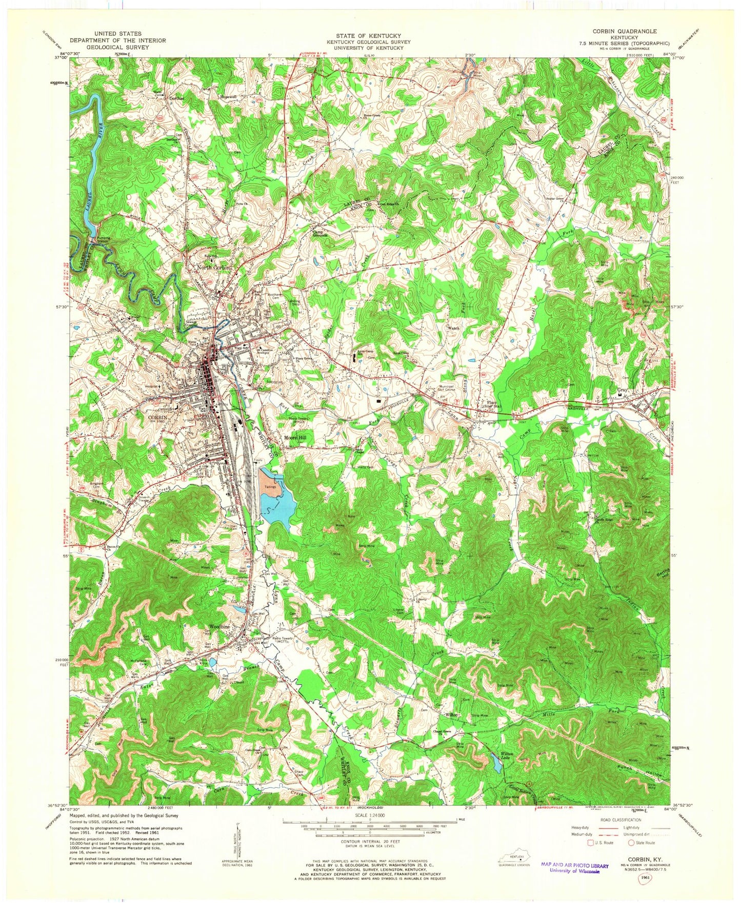 Classic USGS Corbin Kentucky 7.5'x7.5' Topo Map Image