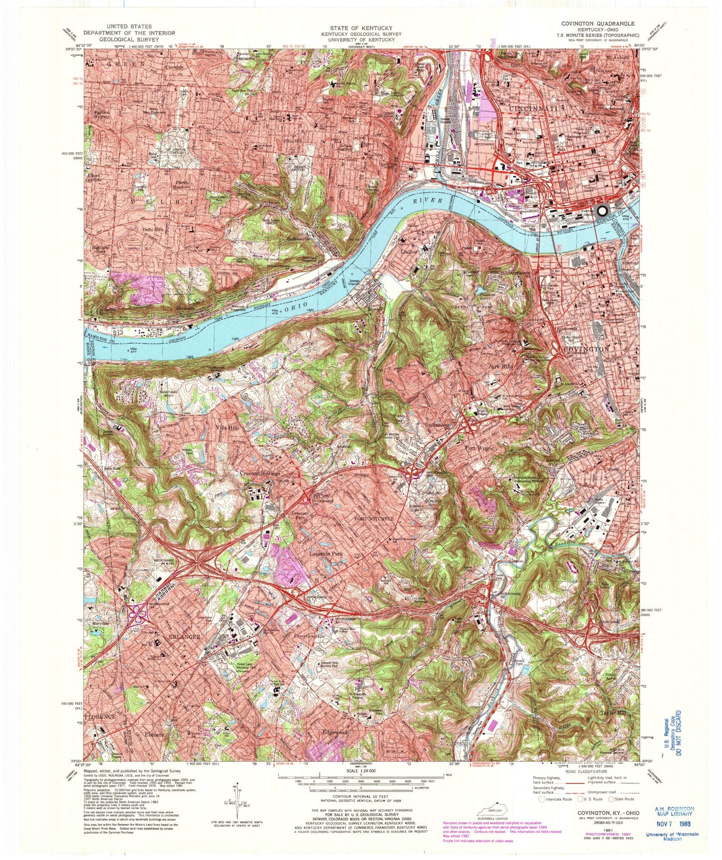 Classic USGS Covington Kentucky 7.5'x7.5' Topo Map Image