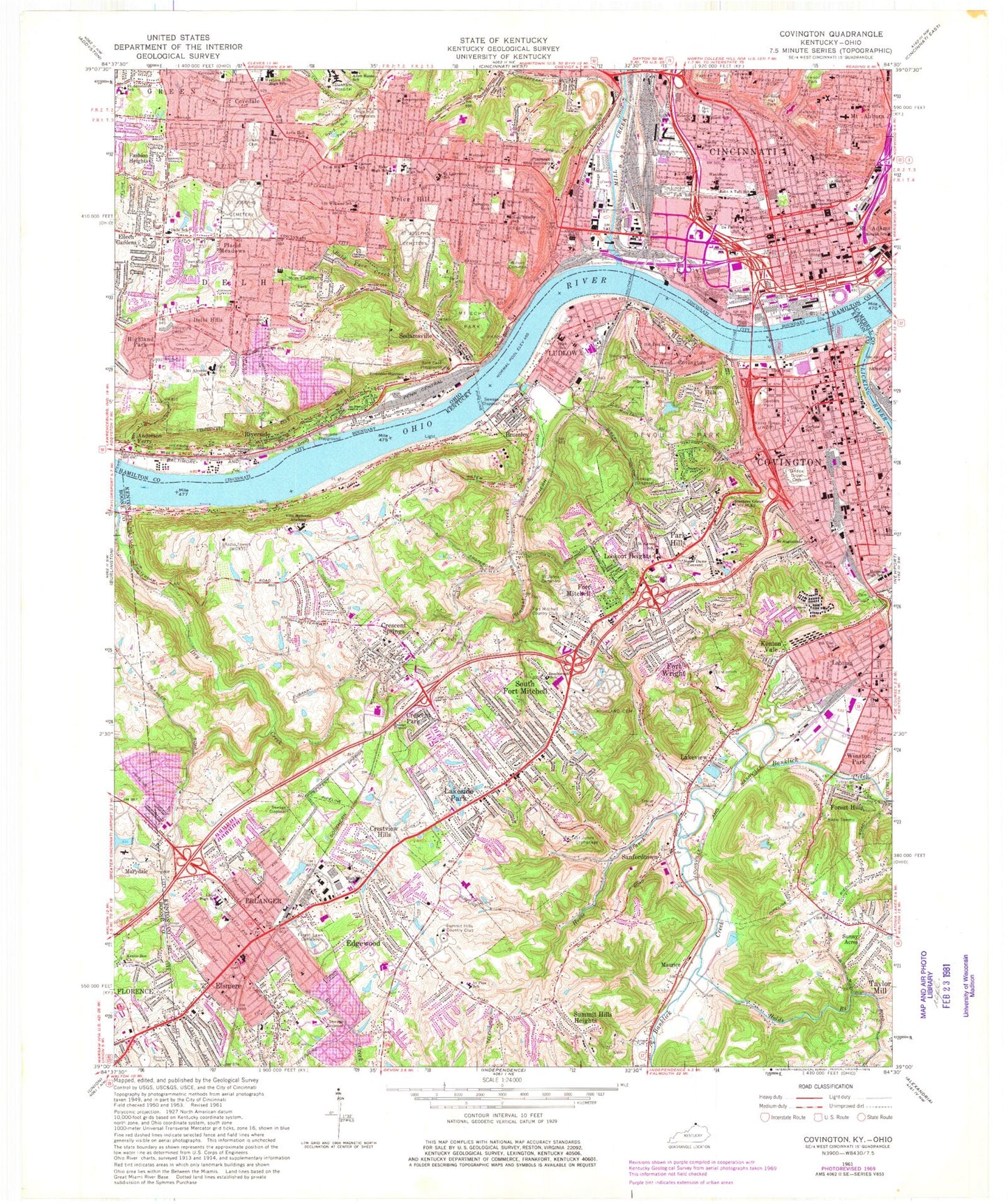 Classic USGS Covington Kentucky 7.5'x7.5' Topo Map Image