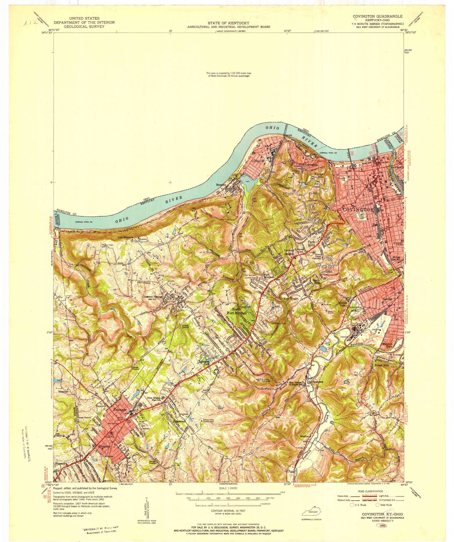 Classic USGS Covington Kentucky 7.5'x7.5' Topo Map Image