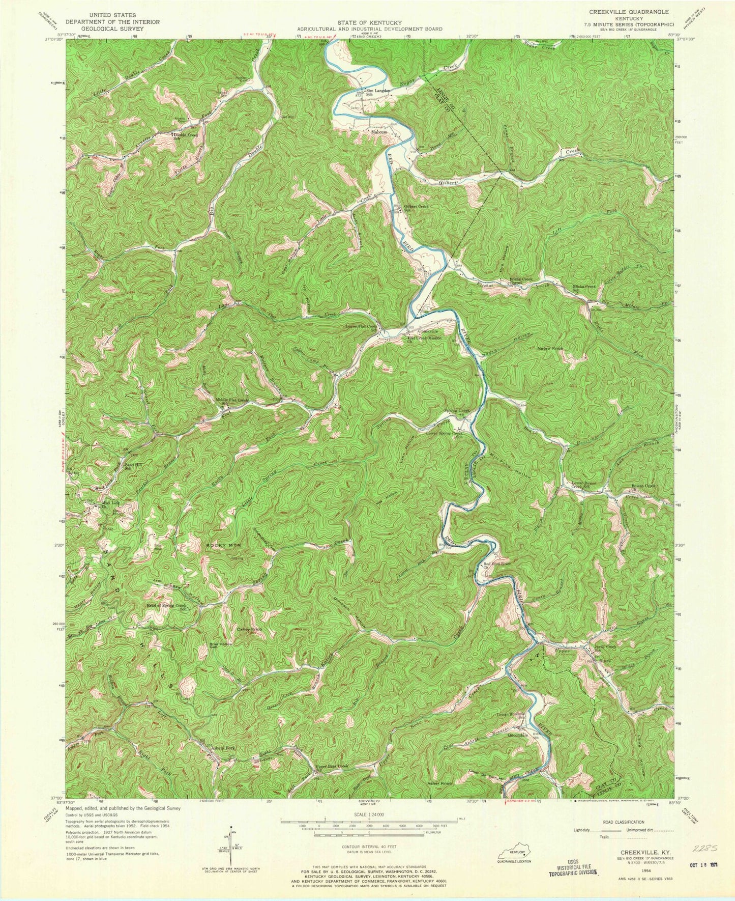 Classic USGS Creekville Kentucky 7.5'x7.5' Topo Map Image