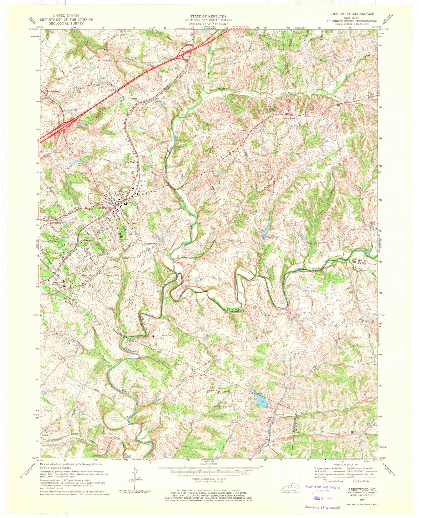 Classic USGS Crestwood Kentucky 7.5'x7.5' Topo Map Image