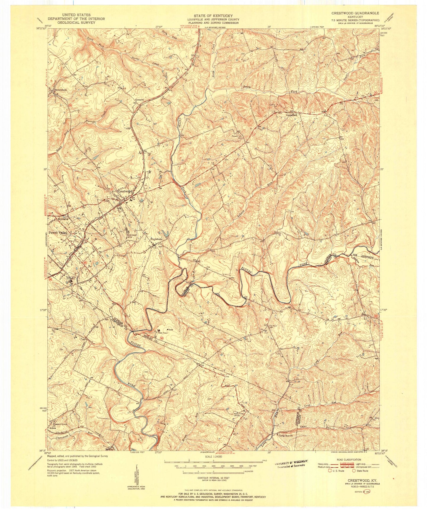 Classic USGS Crestwood Kentucky 7.5'x7.5' Topo Map Image