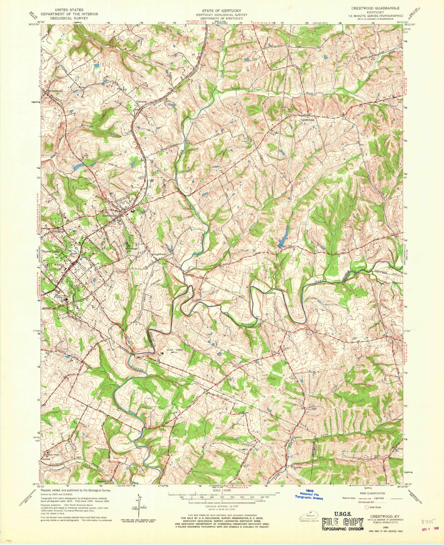 Classic USGS Crestwood Kentucky 7.5'x7.5' Topo Map Image