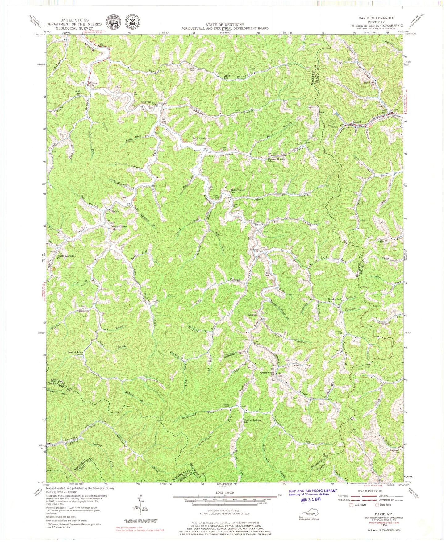 Classic USGS David Kentucky 7.5'x7.5' Topo Map Image
