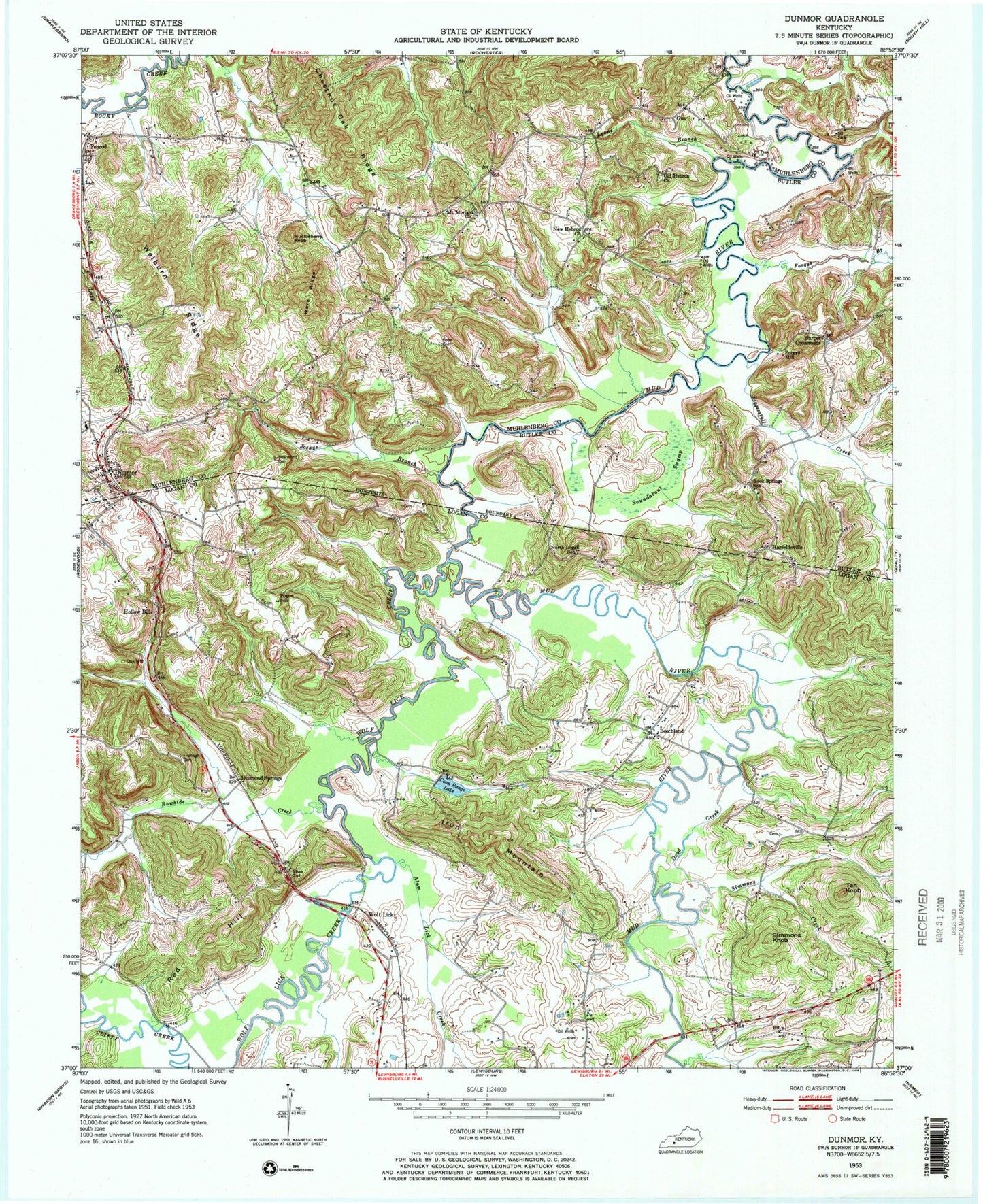 Classic USGS Dunmor Kentucky 7.5'x7.5' Topo Map Image