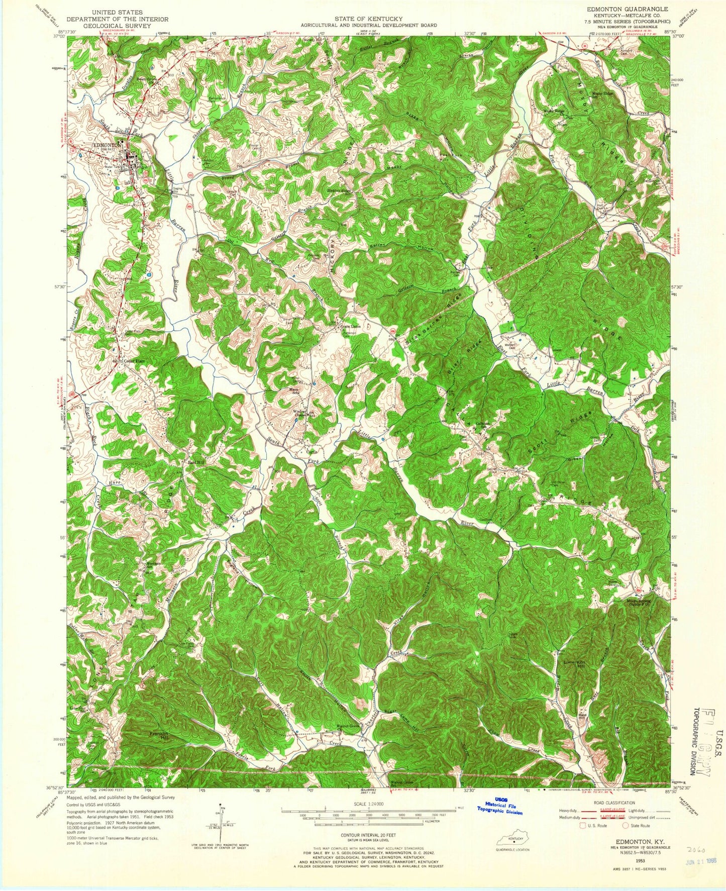 Classic USGS Edmonton Kentucky 7.5'x7.5' Topo Map Image