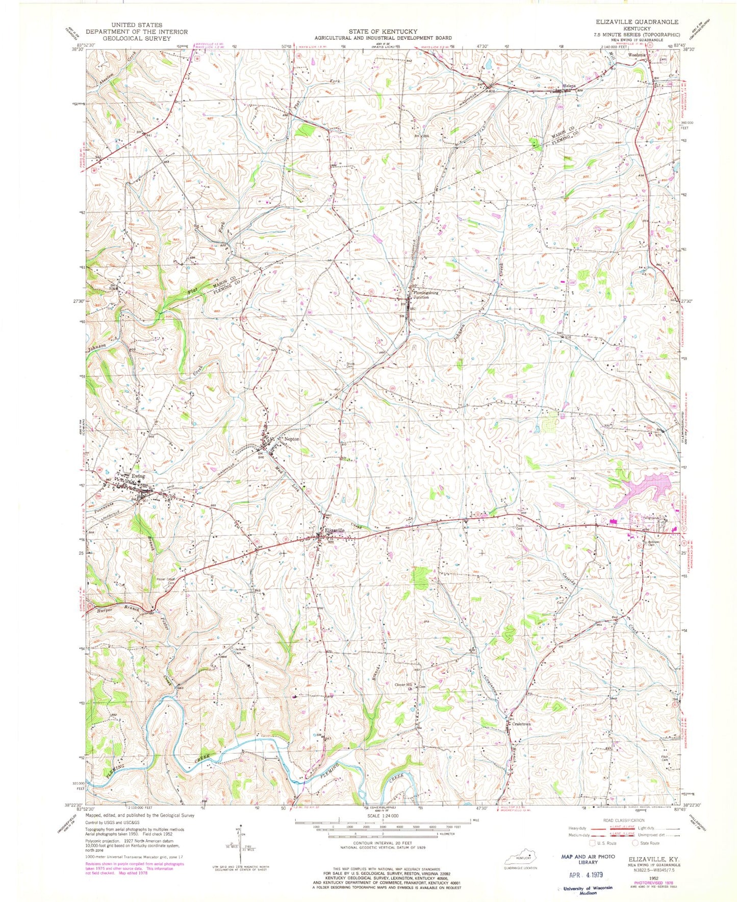 Classic USGS Elizaville Kentucky 7.5'x7.5' Topo Map Image
