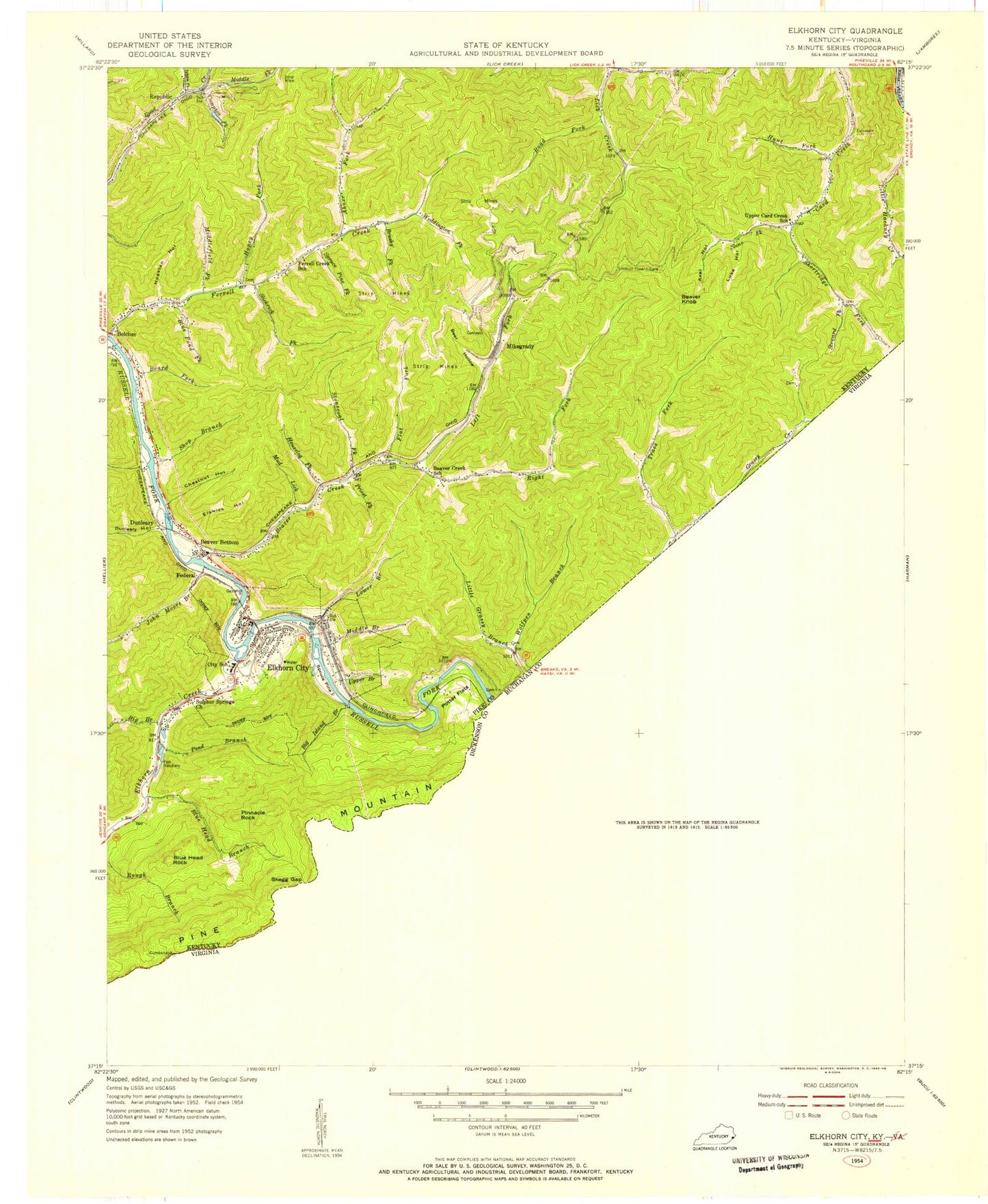 Classic USGS Elkhorn City Kentucky 7.5'x7.5' Topo Map Image