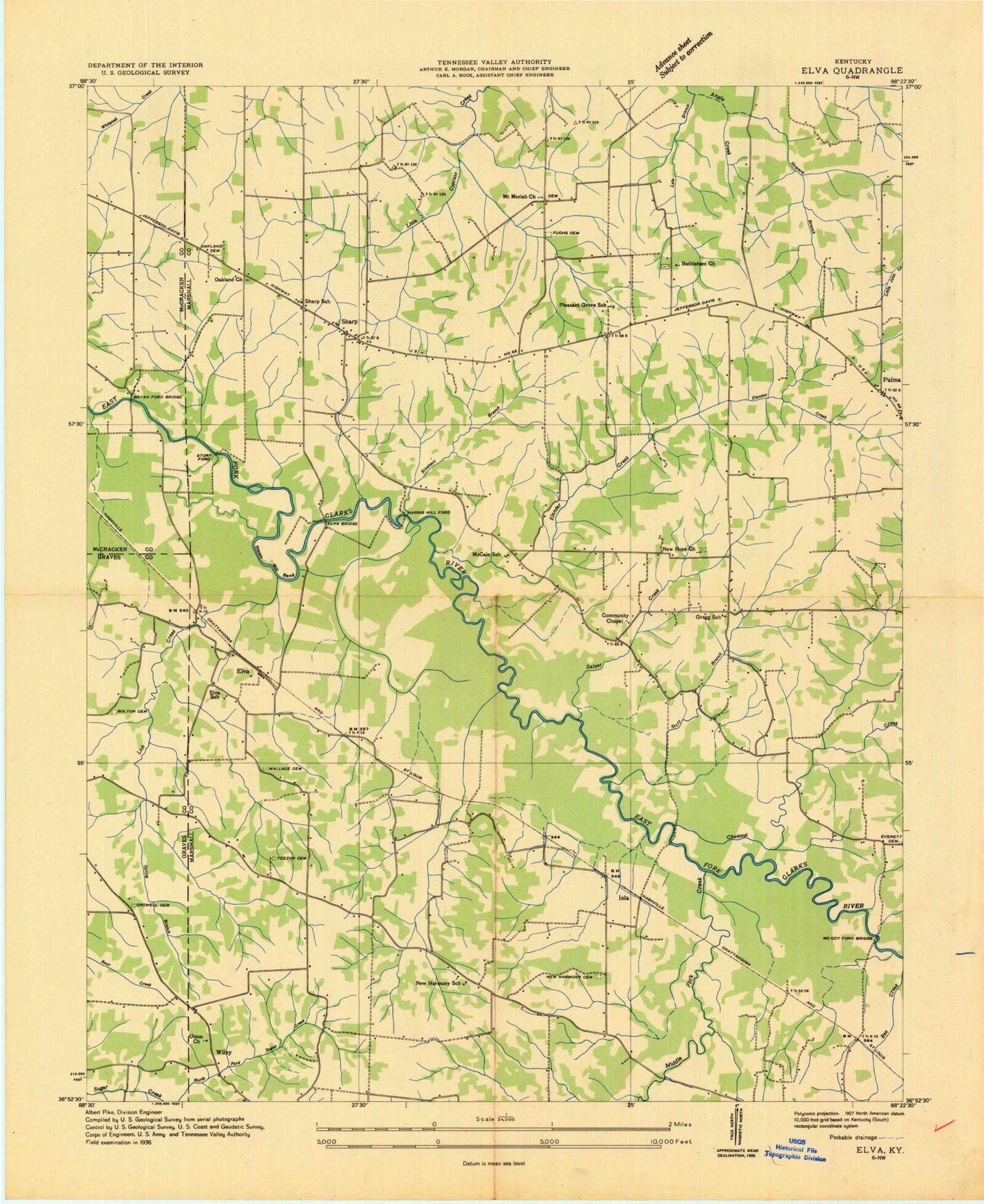 Classic USGS Elva Kentucky 7.5'x7.5' Topo Map Image