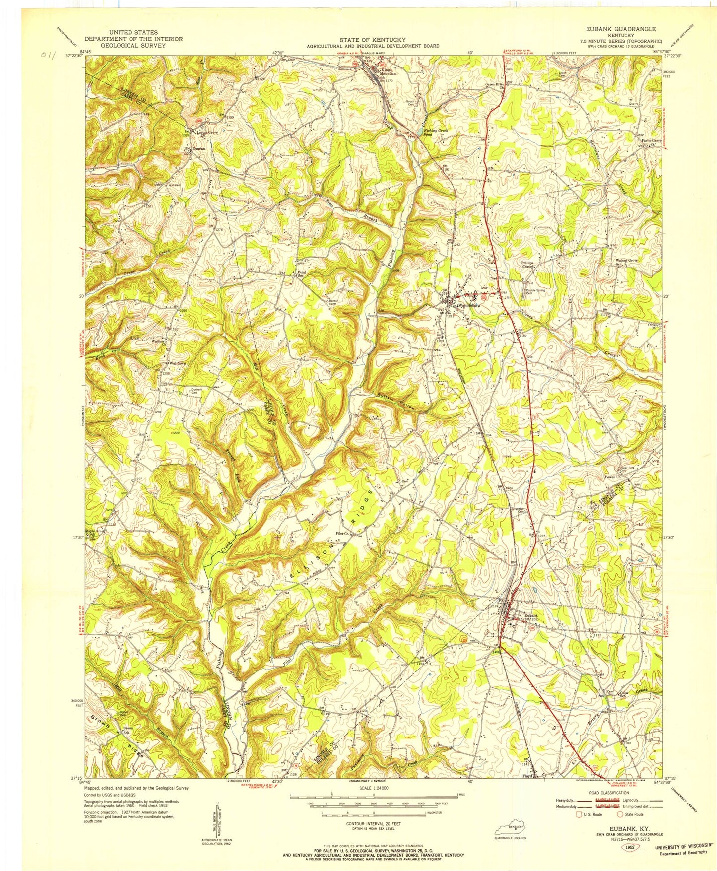 Classic USGS Eubank Kentucky 7.5'x7.5' Topo Map Image