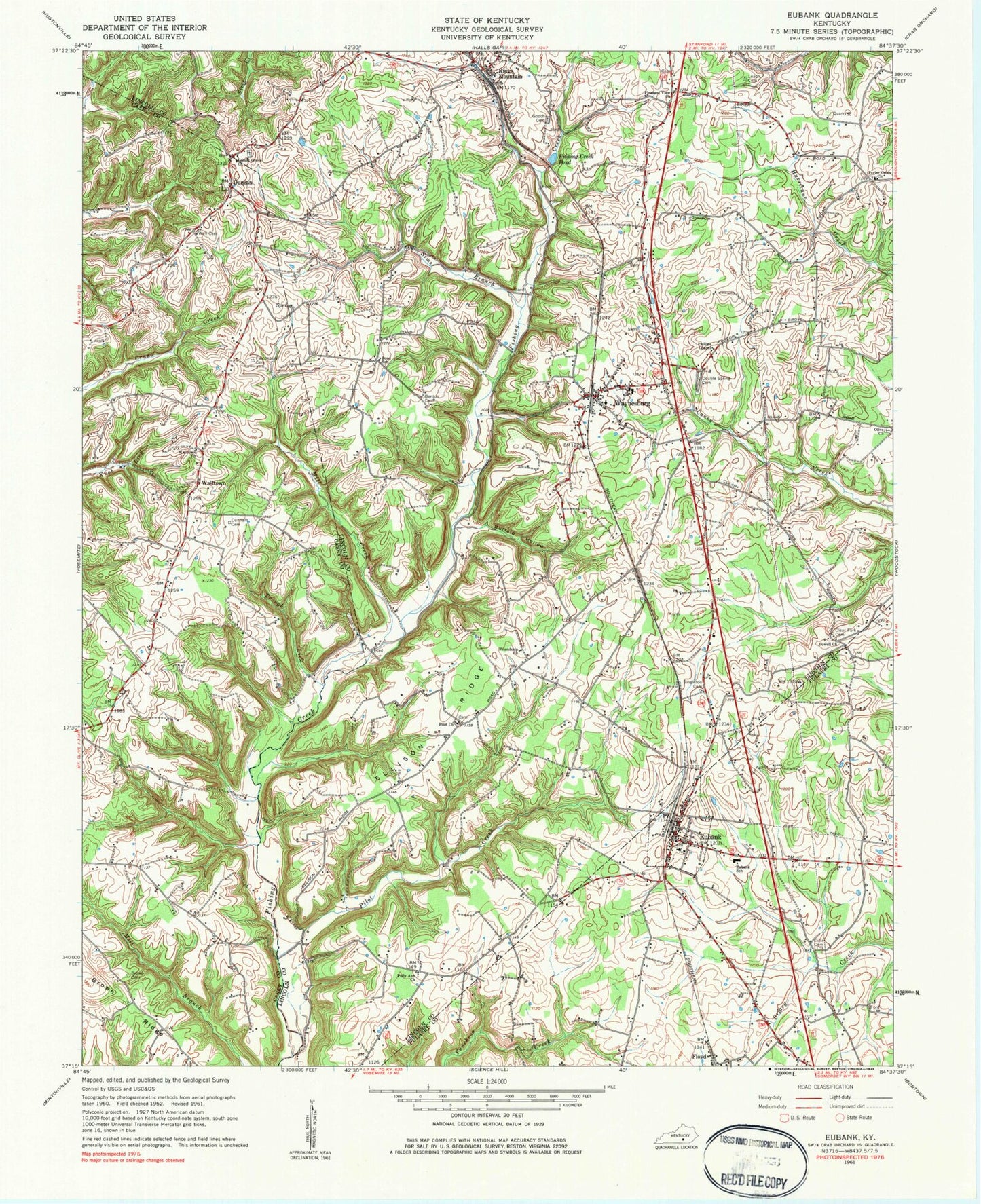 Classic USGS Eubank Kentucky 7.5'x7.5' Topo Map Image