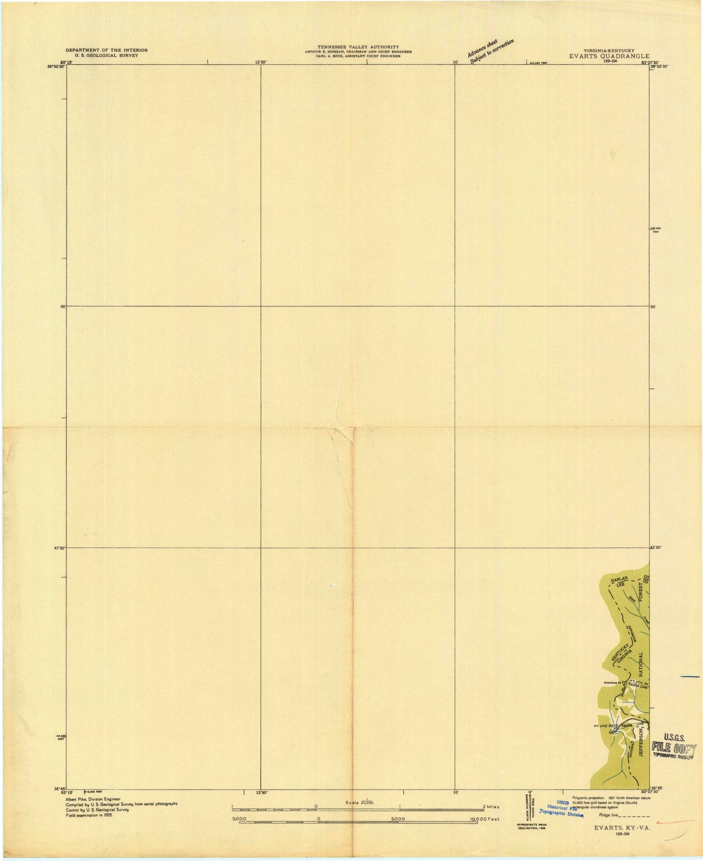 Classic USGS Evarts Kentucky 7.5'x7.5' Topo Map Image