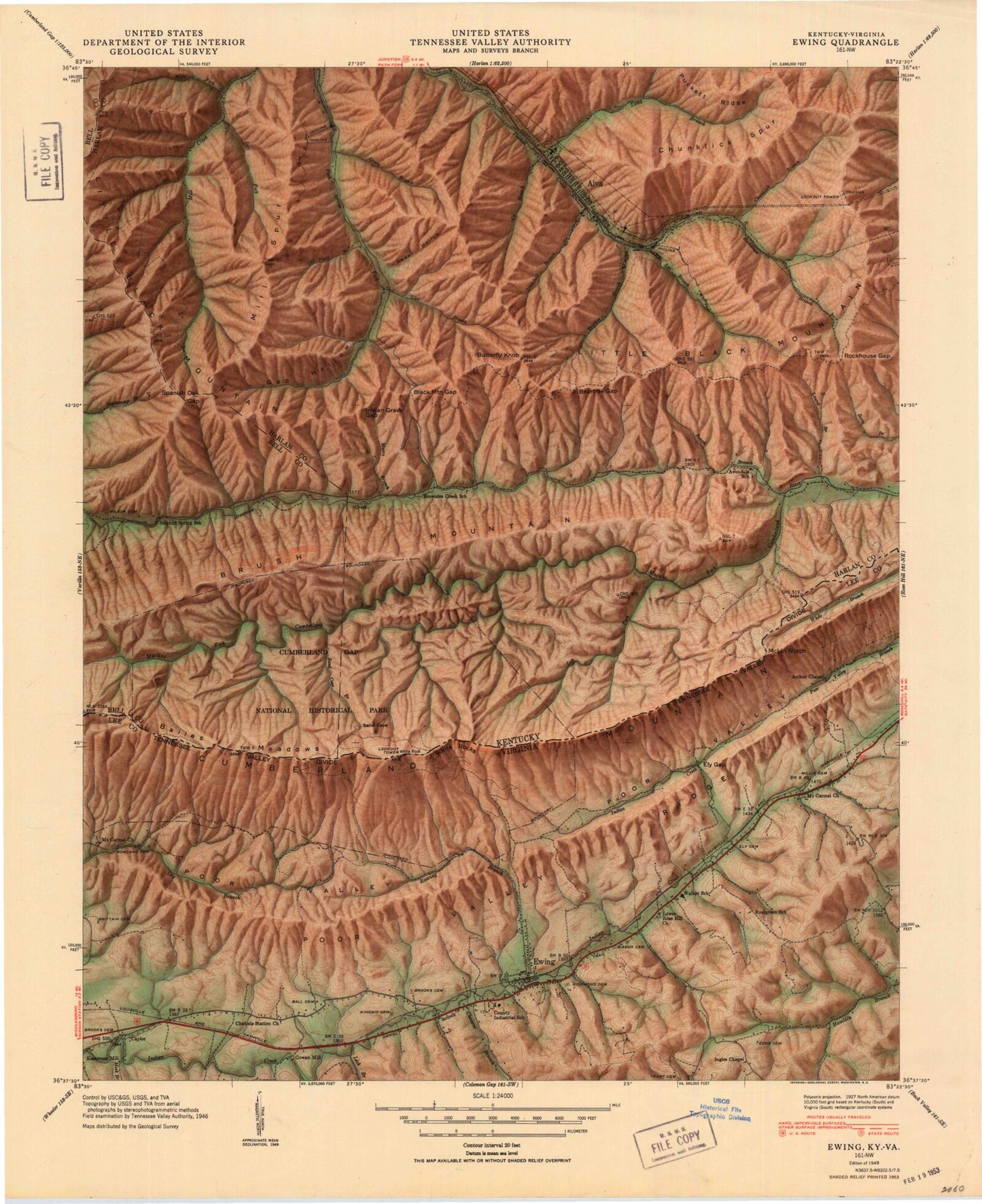 Classic USGS Ewing Virginia 7.5'x7.5' Topo Map Image