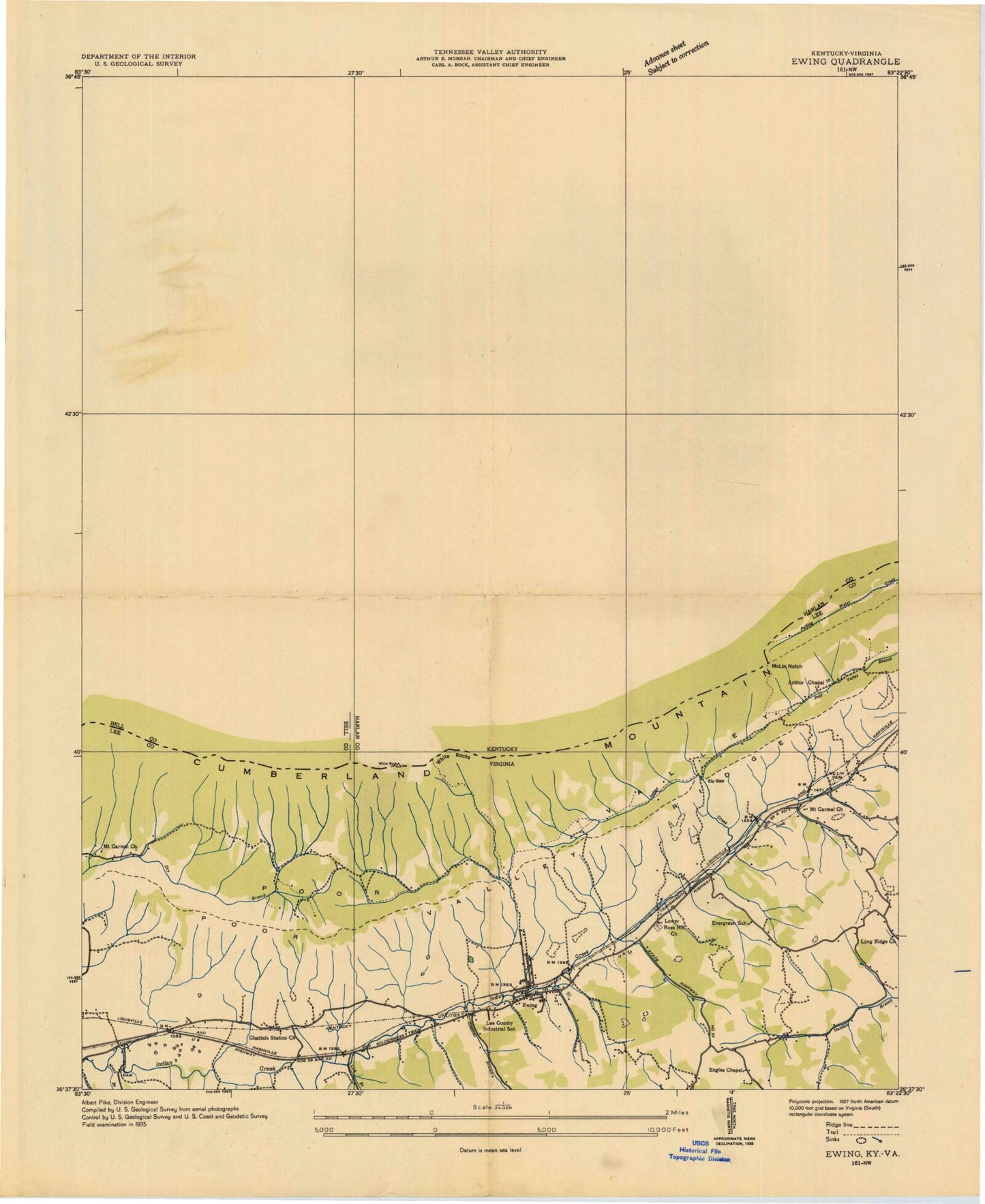 Classic USGS Ewing Virginia 7.5'x7.5' Topo Map Image