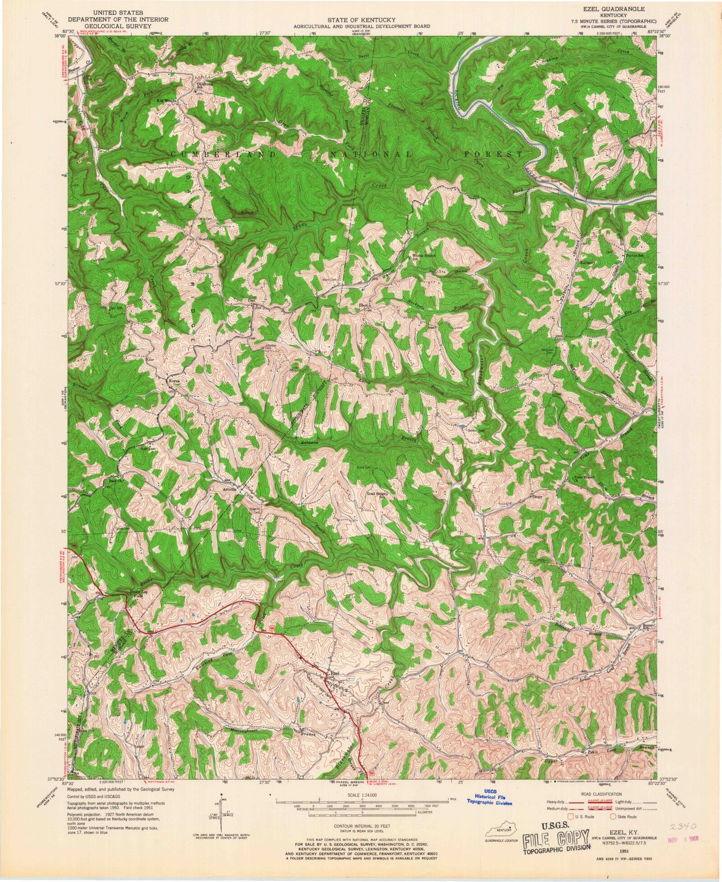 Classic USGS Ezel Kentucky 7.5'x7.5' Topo Map Image