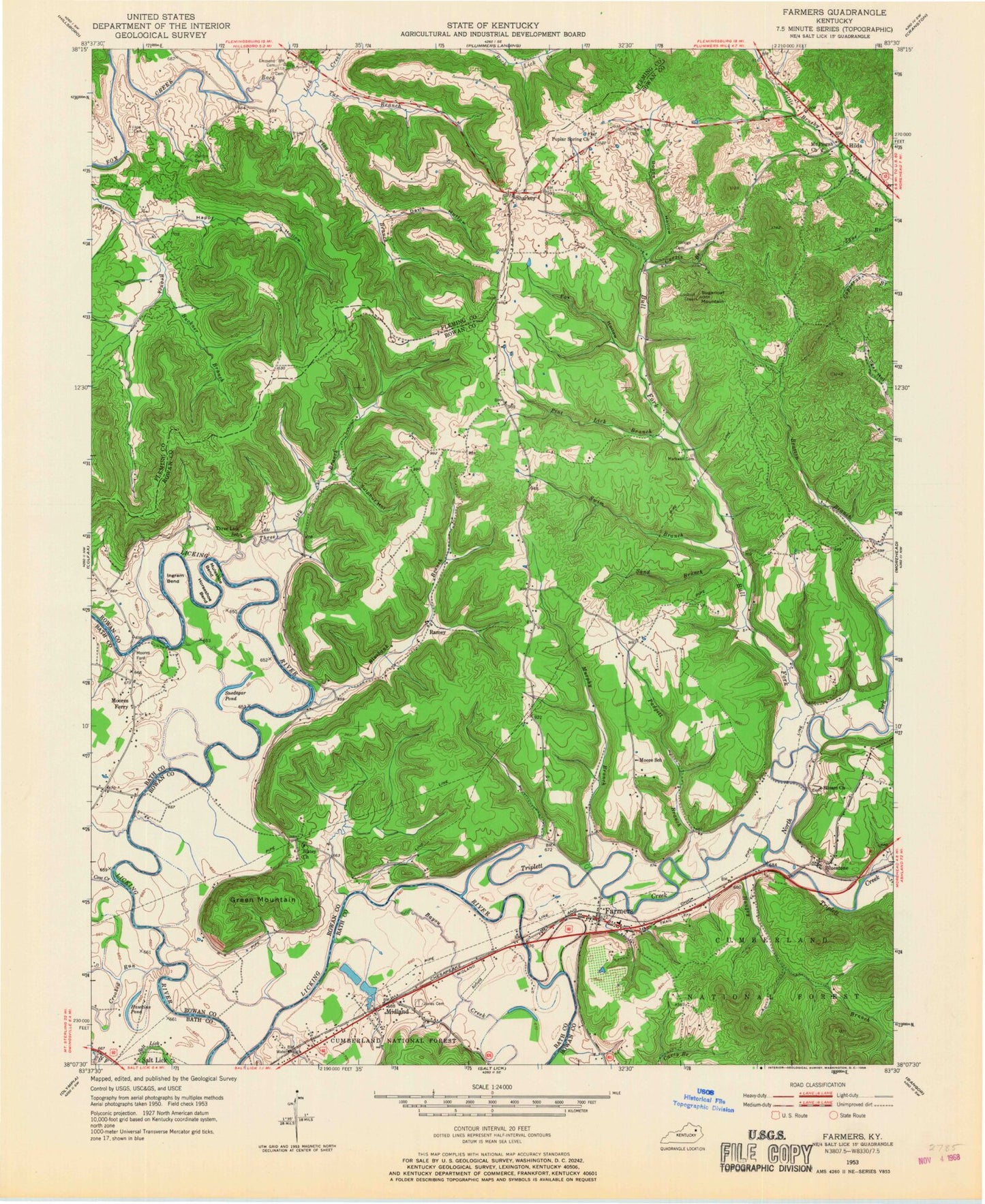 Classic USGS Farmers Kentucky 7.5'x7.5' Topo Map Image