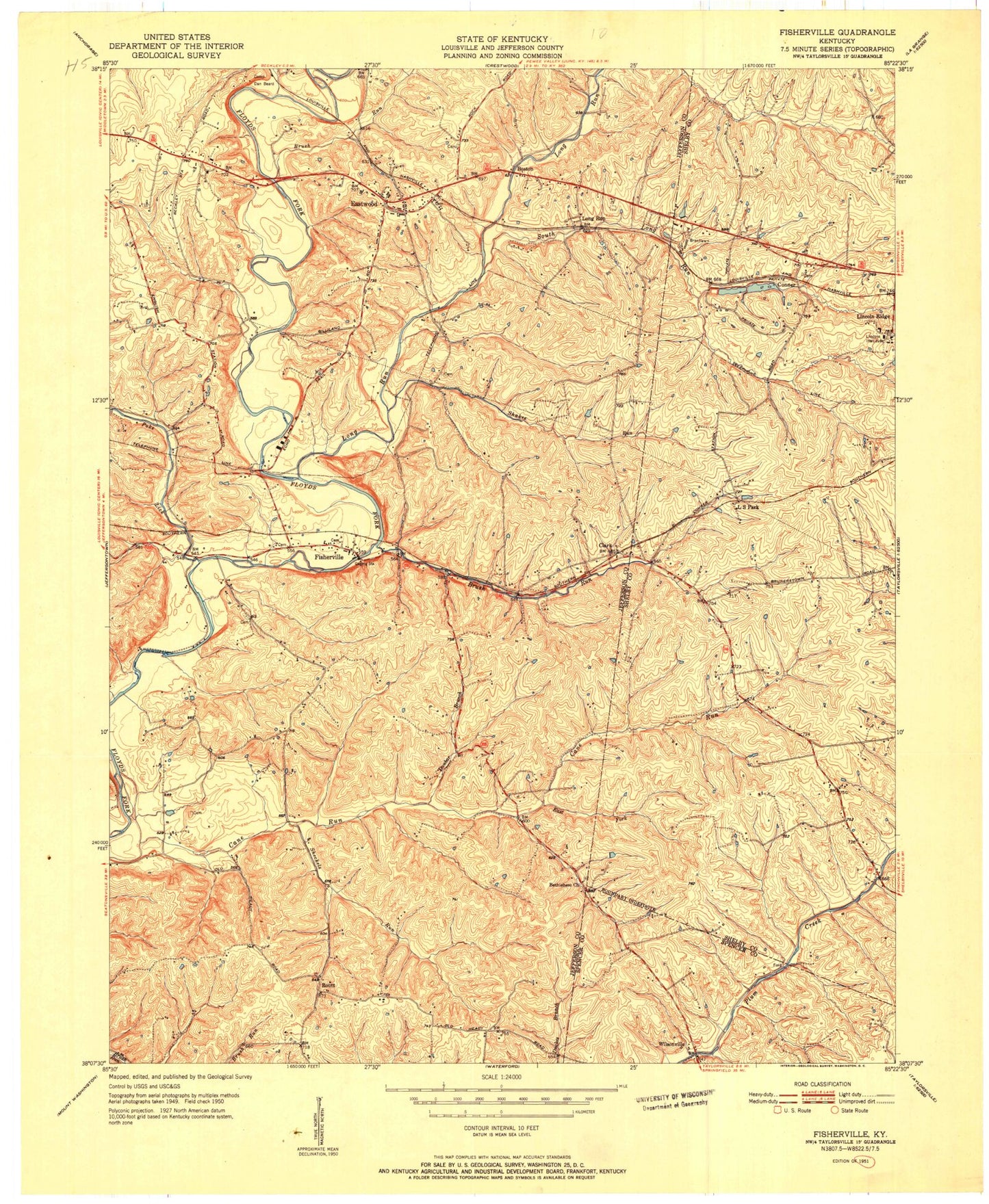 Classic USGS Fisherville Kentucky 7.5'x7.5' Topo Map Image