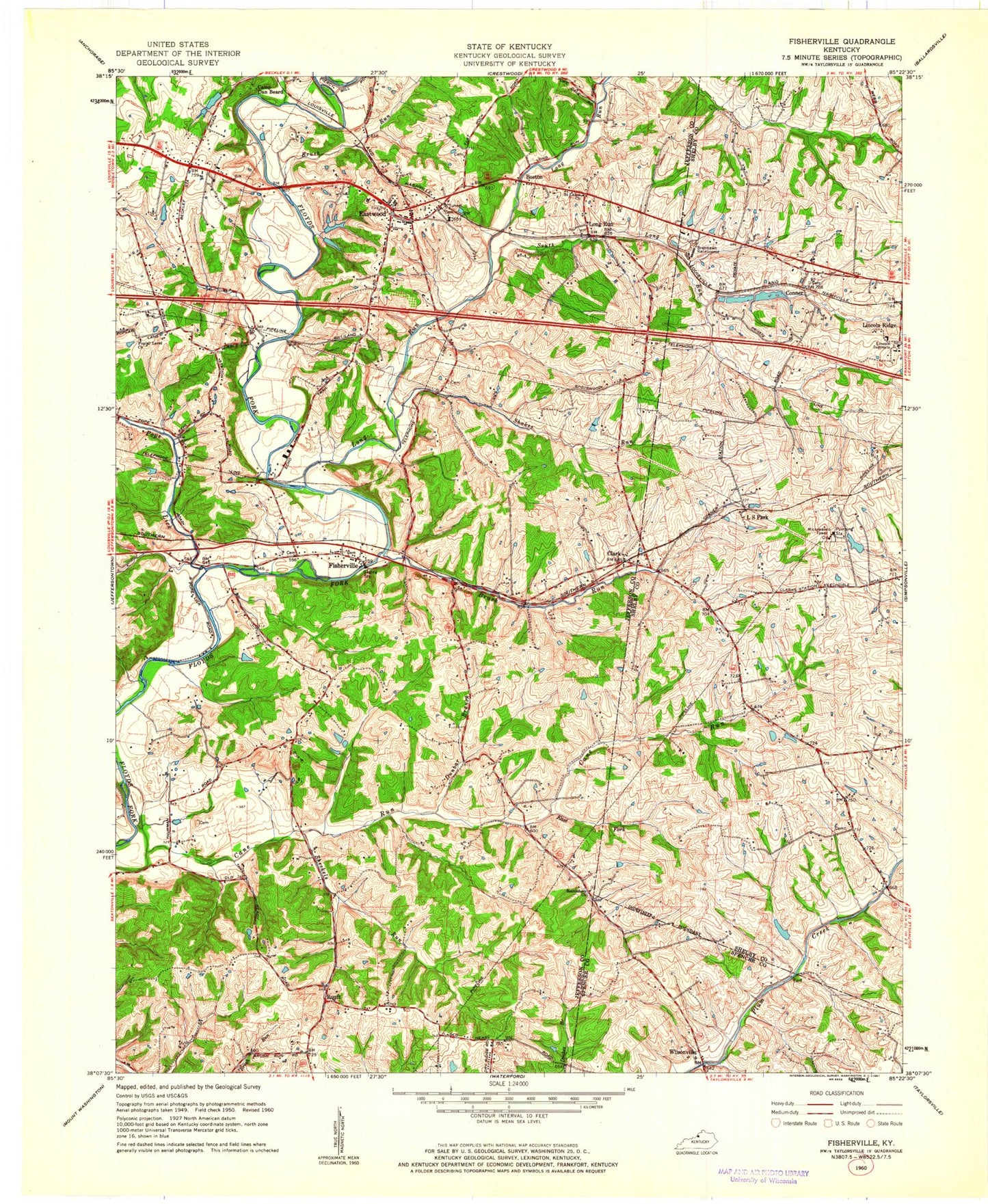 Classic USGS Fisherville Kentucky 7.5'x7.5' Topo Map Image
