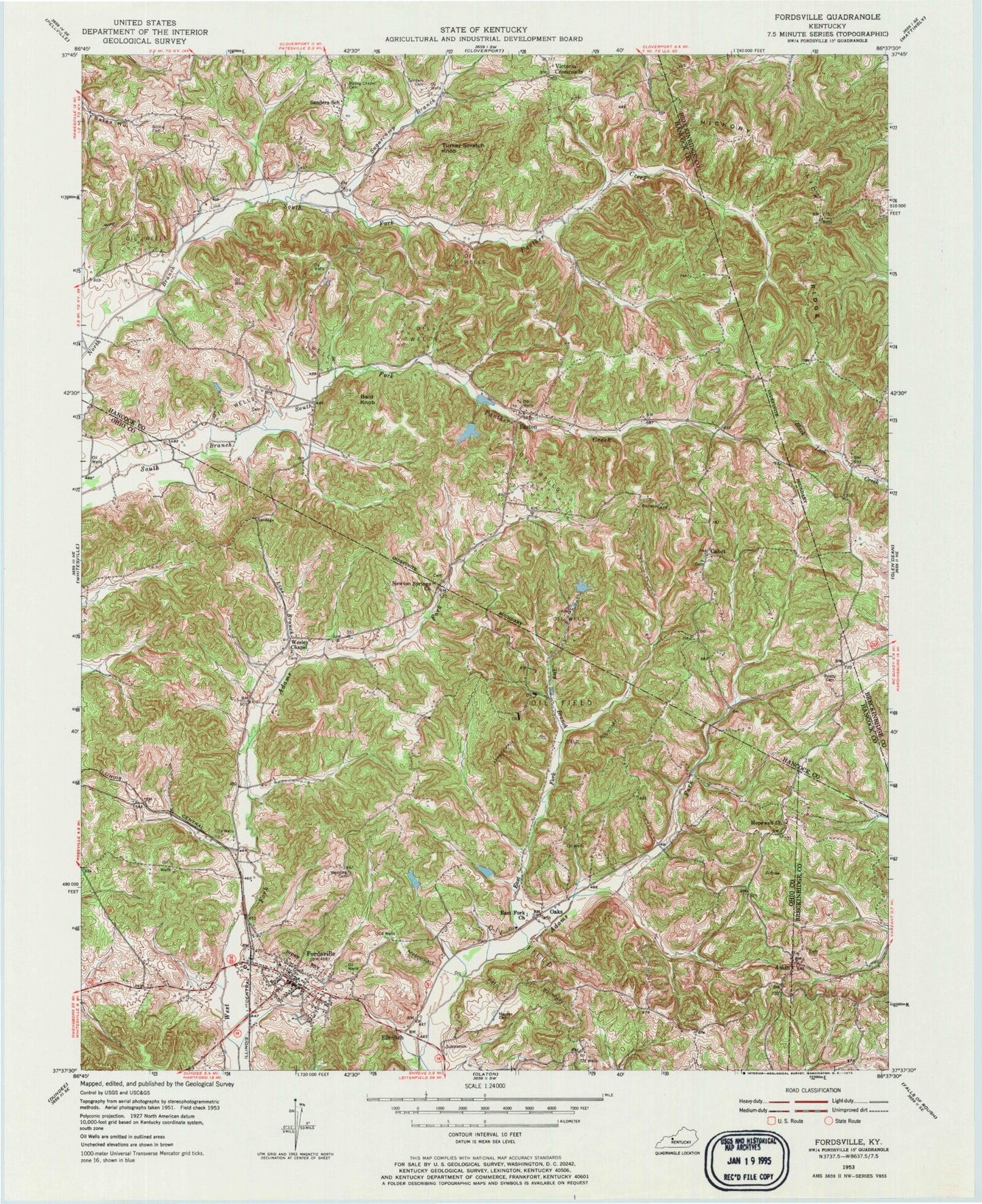 Classic USGS Fordsville Kentucky 7.5'x7.5' Topo Map Image