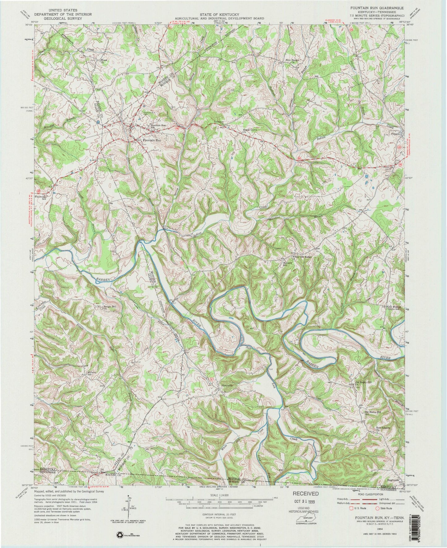 Classic USGS Fountain Run Kentucky 7.5'x7.5' Topo Map Image