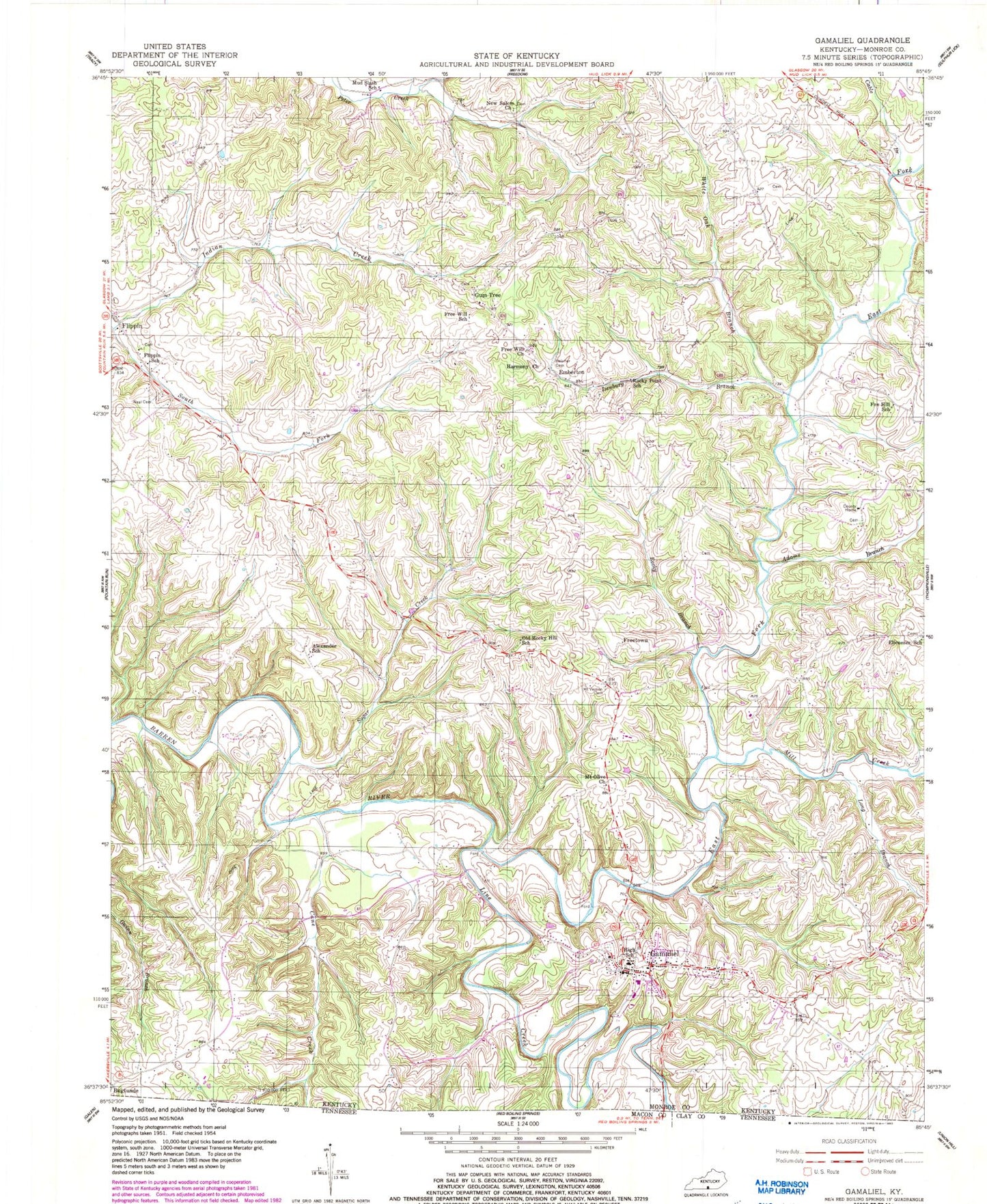 Classic USGS Gamaliel Kentucky 7.5'x7.5' Topo Map Image